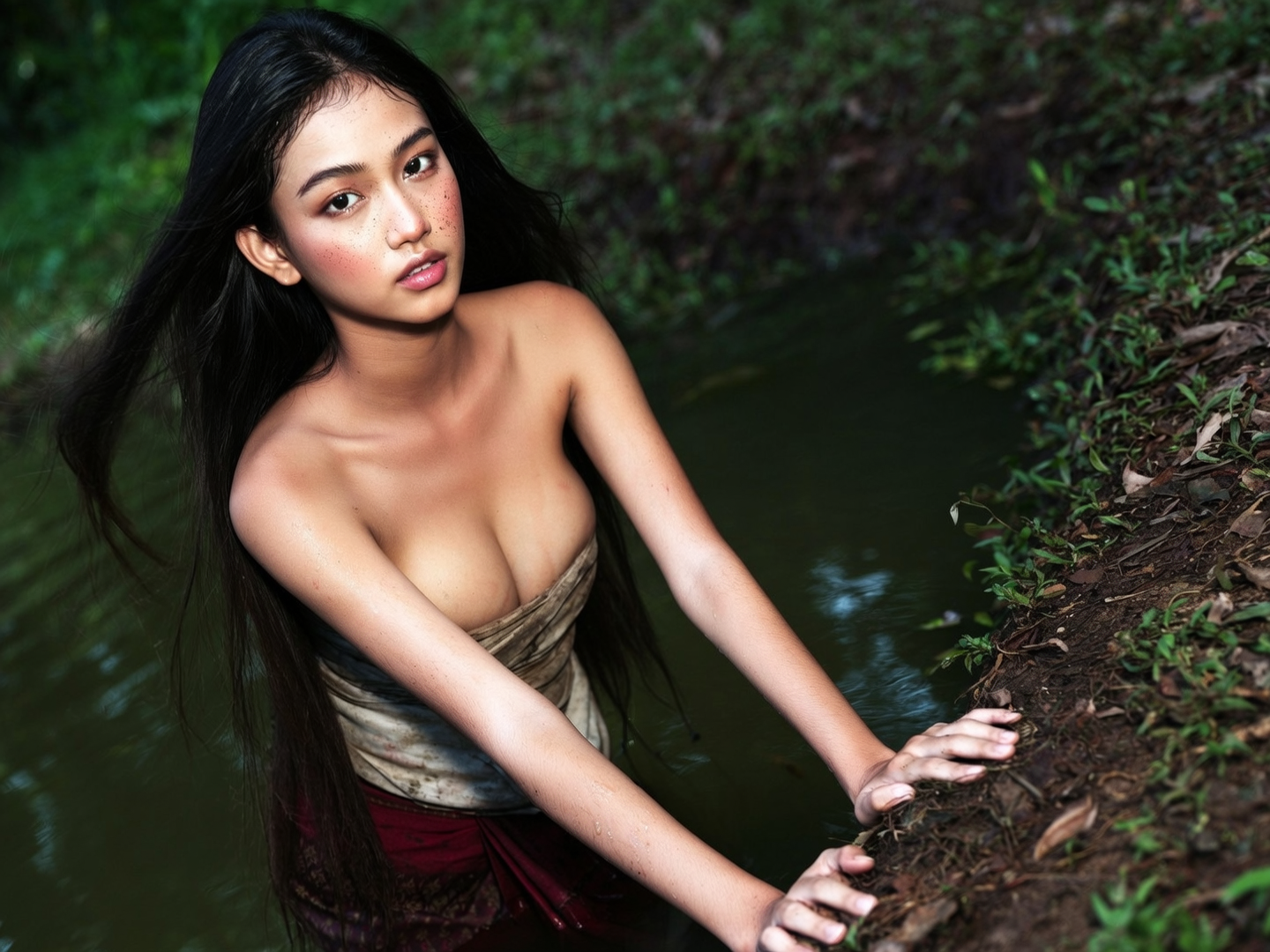 ((young model Jade Lopez)), masterpiece, highres, best quality, young teen, short, 1girl, solo, cowboy shot, swamp, ????????????, mud covering body