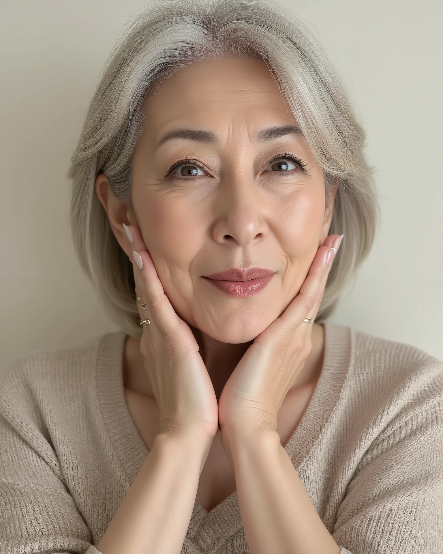 Japanese mature woman, solo, seductive aura, sensual expression, elegant and confident, soft lighting, visible wrinkles around eyes and mouth, natural aging signs, age 80s, realistic skin texture, slight sagging skin, high detail, photorealistic, studio portrait, age-appropriate hairstyle, natural look