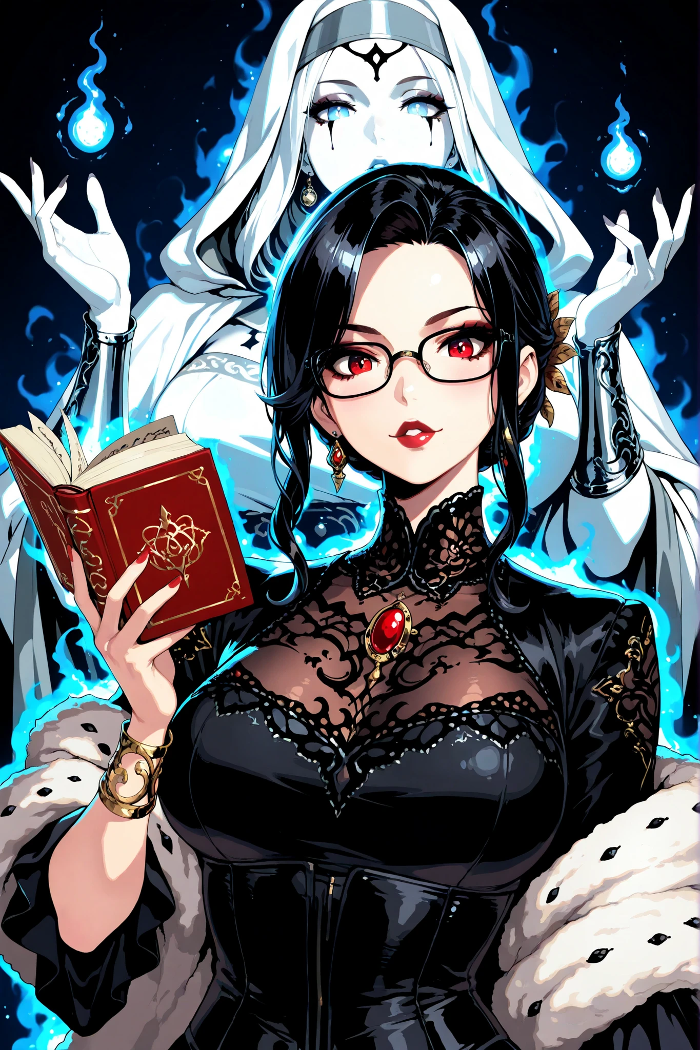 1beautiful and elegant mature virgin woman with sacred aura that never had a relationship or intimacy with a single man and does not interest in relationship with anyone known as virgin headmistress and teacher and mentor of victorian era but she has extremely voluptuous beauty in her face with deep cold and lovely and also serious gaze that turns people on and excited,fantasy,fluffy long black hair,large breasts,glasses,victorian,necromancy shawl,holding necromancer book,simple background,from front,upper body,looking at viewer,projected inset,(ink),masterpiece, best quality, ultra-detailed, high resolution, 8k, finely detailed, intricate details,sharp focus,perfect anatomy, detailed clothes, she is eternally a great virgin teacher of virgins and those who devote to her must remain virgin forever, mindblowing and enchanting image with taste of beauty and elegance like a goddess and necromancer and enchantress, the art of witchcrafting and spell is in middle stage, her inside is a power of evil necromancy, her outfit shows she is a queen with supermodel bodyshape and extravagance beauty and opulence and rich looking outfit that this outfit shows that she is from celestial beings, view from below as she look at you with very cold and very serious gaze, her gaze shows she is scarlet, her gaze and posture shows she is mighty and sexy and powerful and hot in every angle but she stands straight up like a modest and dignified queen or maybe she is a queen, she is known as scarlet lady, she holds two eyes that taken out of an eye suckets of a human in one hand to let you fear and respect her, remember that she does not belong in this world because she is from celestial realm and her outfit shows this