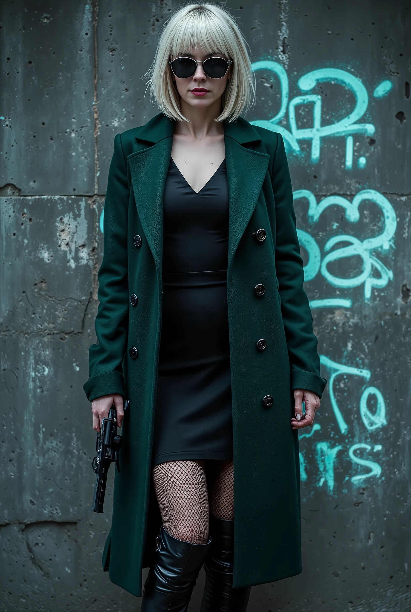 "Create an ultra-realistic cinematic portrait of a confident, mysterious woman standing against an urban, weathered concrete wall with faded graffiti. She has short platinum blonde hair with straight bangs and wears large black sunglasses. Her outfit includes a dark green long wool coat, partially buttoned, over a tight black outfit. She has fishnet stockings and thigh-high black leather boots. She holds a handgun in her right hand with a composed, professional stance. The lighting is cool and moody, emphasizing a tense, spy-thriller atmosphere with a teal-blue color tone."