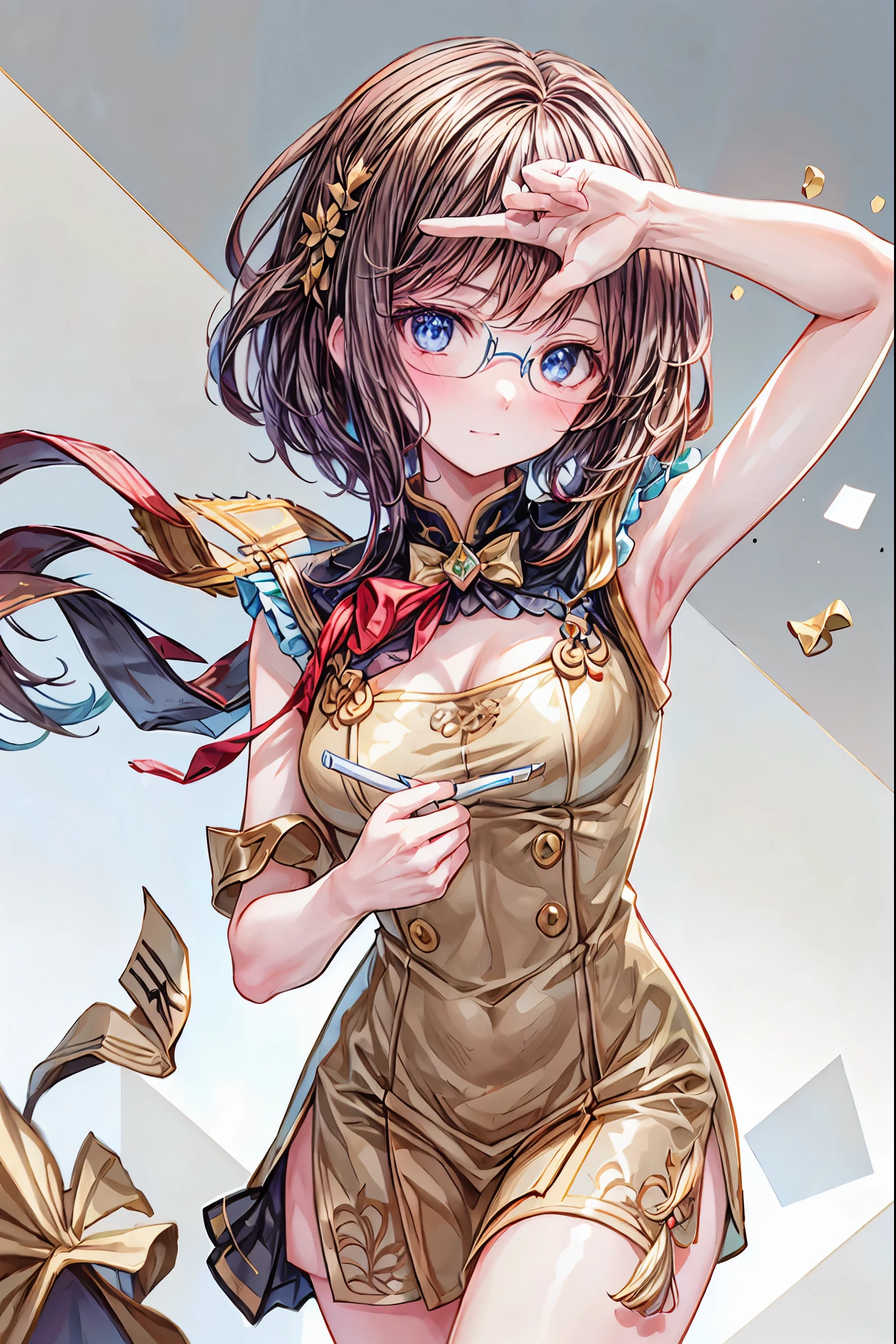 gold rimmed glasses,Dazzling gaze,Dignified Behavior,cowboy shot，big boobs,Long hair,Student Council President,School student council room,Student Charisma,Sharp Expressions,I am the most,Vice President for Male Students,Accounting and General Affairs Student,Declared War on Unreasonable Teachers,8K,Ultimate Details,Realistic,HDR,natural lighting,Professional,Brilliant Colors彩,Bokeh，brown hair，shortcuts，unkempt hair，Short braided hair，Neat，slender beauty，correct posture，small breasted，beautiful legs，Fascinating Gray-Blue Eyes Shine Like Stars，Saggy Eyes，Brilliant Colors,beautiful eyes,A delicate smile,Textured Skin,Highest Quality,gentle and beautiful woman,anime style､
