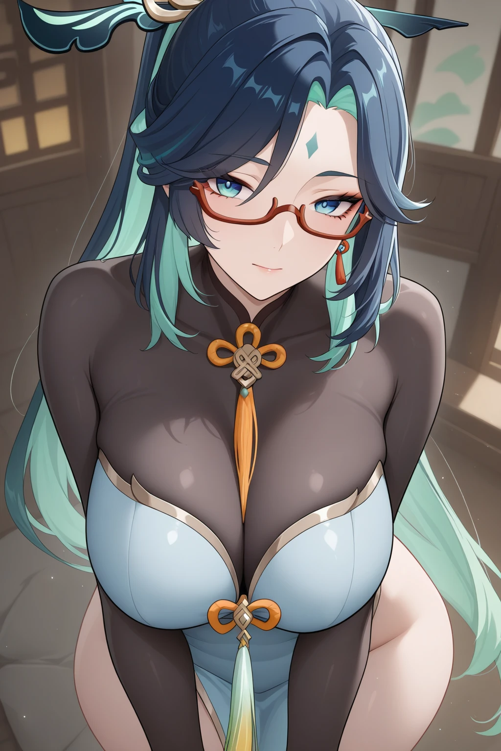 Asian woman, sitting on table, opai, goddess, wearing glasses, in office, model, on table, ????? up bust shot, ?????? cover and SFW --auto --s2