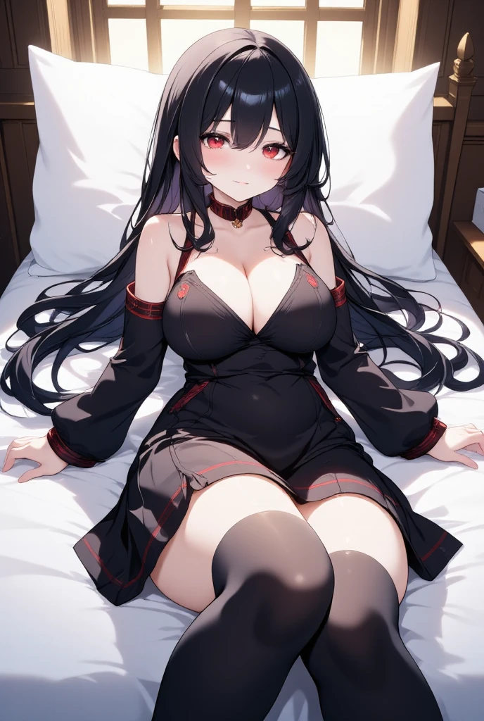 1girl, , long hair, , black hair,kashino,  ayachi nene cosplay,crotchless,barefoot, lying_on_back,spread legs,