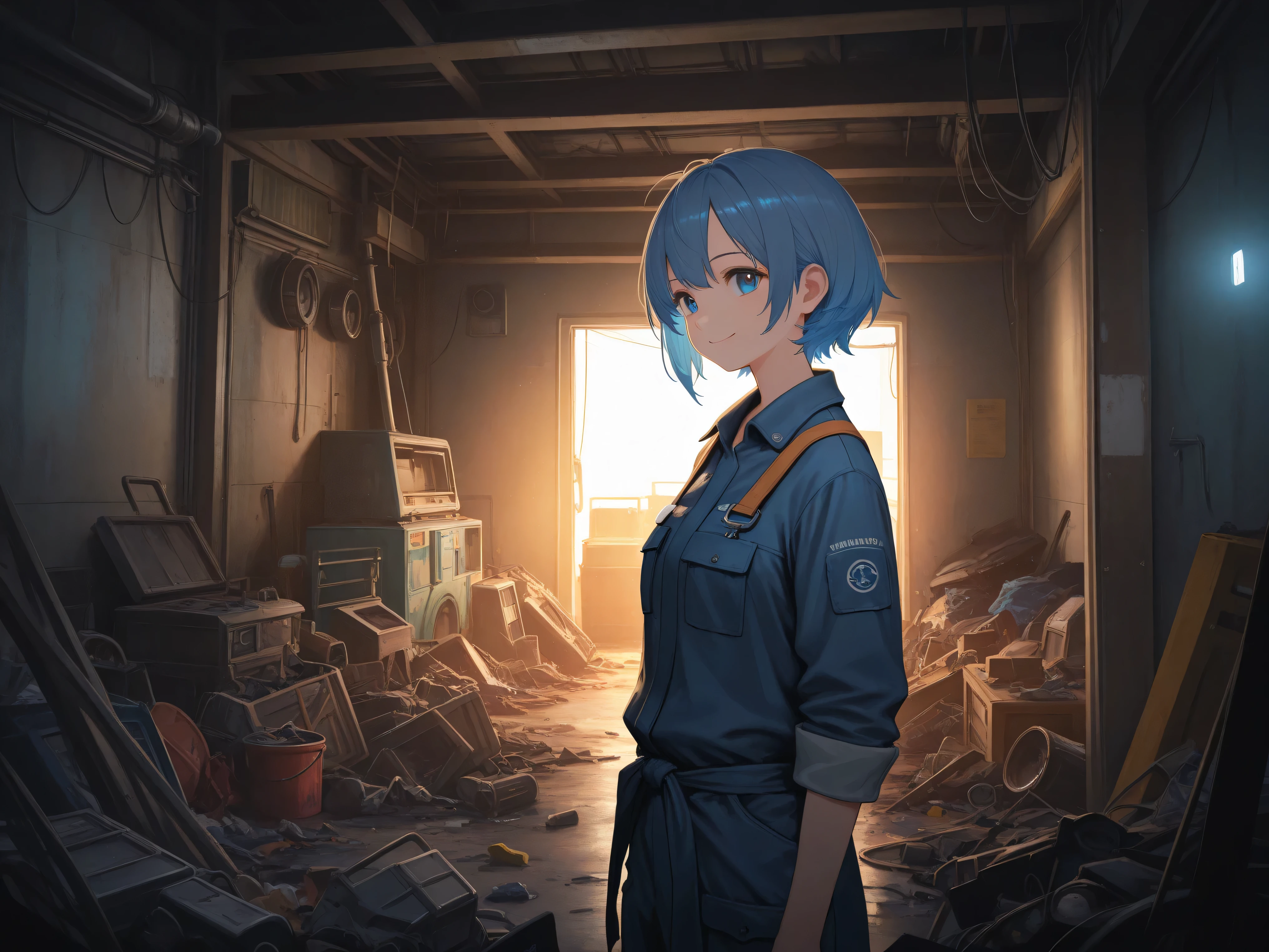 one girl,Blue hair,short hair,Smile Yan,Mechanic Outfit,junk,Room,brighter lighting,is messy,High Quality,4K,Details Precise,HDR,professional