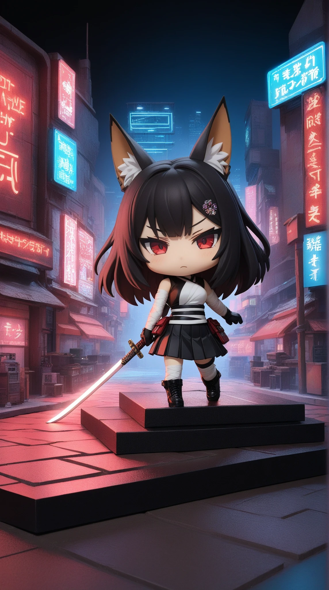 (chibi:1.3), A girl wielding a Japanese sword with a serious expression,fox_ears, red_eyes, long_black_hair, blunt_bangs, white_sarashi_top, japanese_open_clothes, black_pleated_mini_skirt, bandaged_arm, black_gloves, bandaged_leg, black_pantyhose, black_boots_footwear, neon street diorama