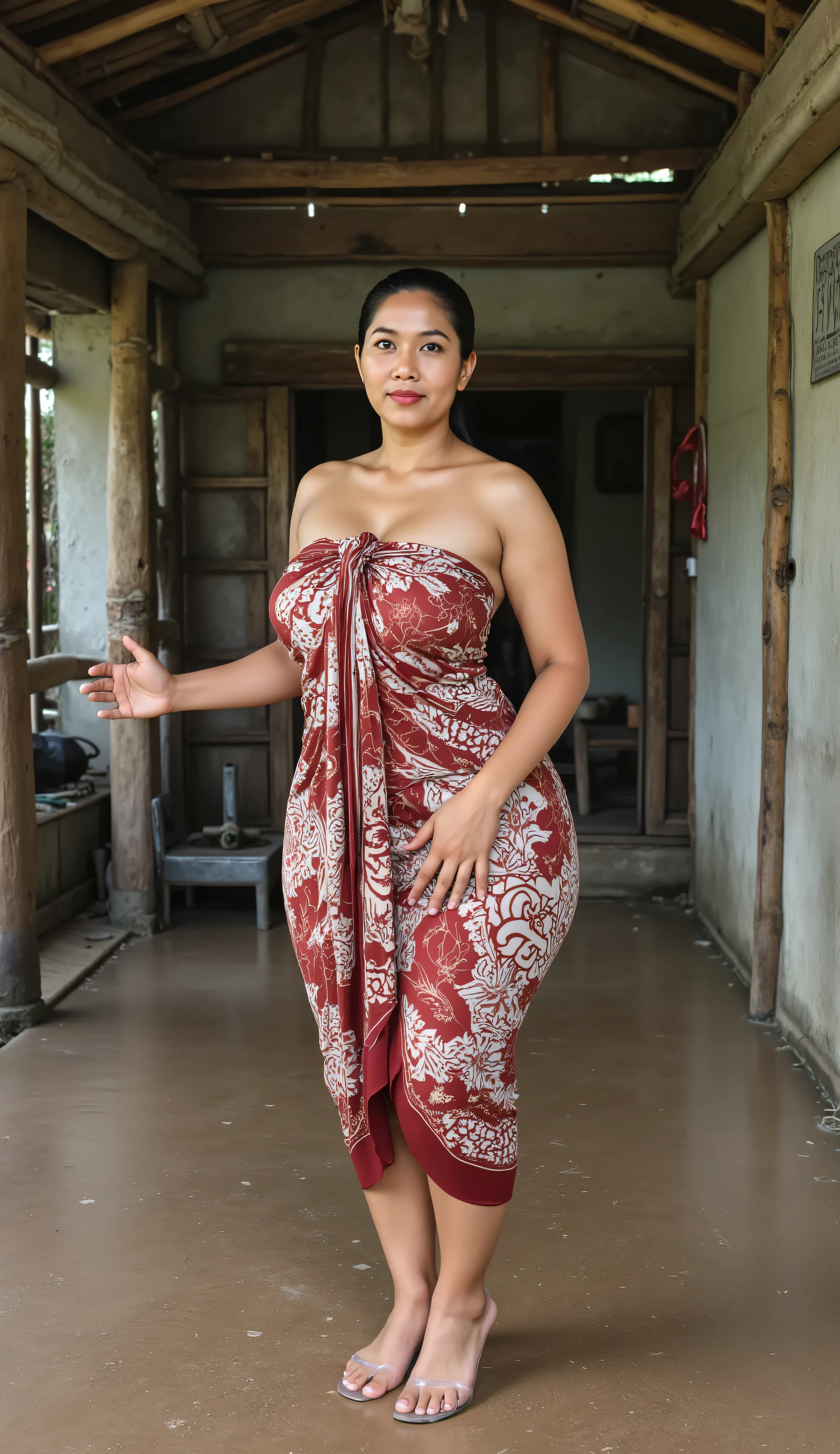 A Javanese attractive mature woman with a provocative curvaceous body, realistic big breasts, is 60 years old and has a figure with prominent curves, a plump with perfect proportions curves, generous curves and plus-size, a body with an hourglass figure, her voluptuous wide hips harmonize with slender wasp waist, with wide legs and wide thighs well-shaped, and her butt in good shape, plump and shaped buttocks. She has characteristics typical of her age, slight wrinkles on her face and natural gray hair, long natural gray hair with an elegant Bun style hairstyle, has beautiful and fine facial features. She wore a long and loose batik kemben dress and transparent-glass heel , She was cooking with traditional stove, in bamboo hut, she is a bride for her young(thin, skinny, tall)son 12 years old. He was wearing a casual suit and had black hair, He is behind to her, he look at her with great lust, he holds her with passion and places his hand close to her buttocks. they was captured is a modern hyperrealistic cinematic style, captured on a full body side overview, with hyperrealistic details and good focus quality.