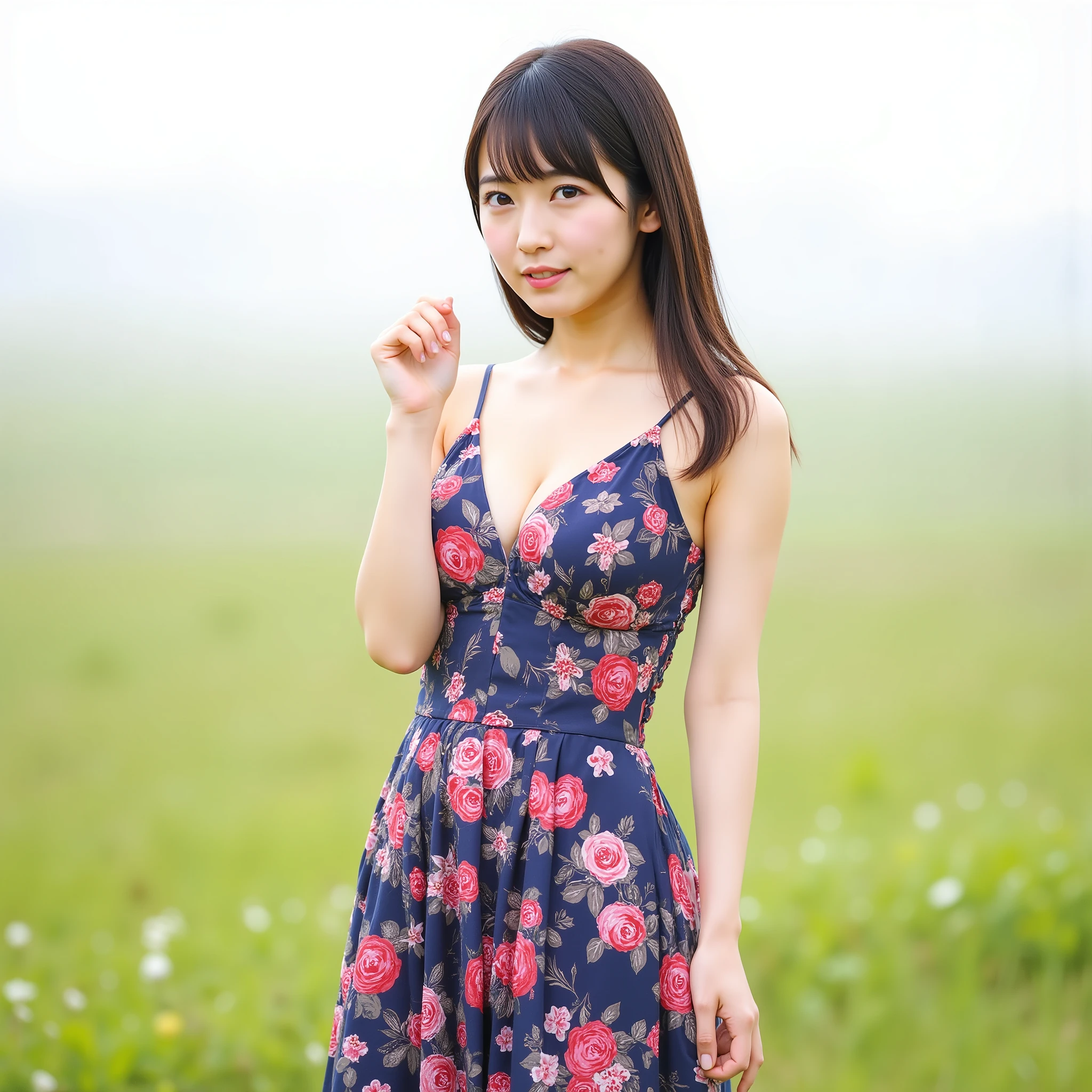 (Highest Quality, highest resolution, realistic photo), (Beautiful Japanese Top Idol Woman Full Body Shot in a Rose Print Dress:1.9), Ultra Clear Focus, full body shot in midday, (Flower field in the background:1.10), (With your right hand「Goodbye」 :1.3), Accurate depiction of a finger with a magic whip, BREAK, (Flower field in the background:1.5), Detailed depiction of the surrounding area,  pictures of young and attractive women, Beautiful woman with beautiful skin and long brown hair,  Breaking up with a beautiful woman, BREAK, (Beautiful woman wearing a super sparkling red and blue dress), deep v-neck), 
 beautiful breasts, , beautiful delicate face,  Cute Smiles , beautiful legs, beautiful F cup breasts,  red lips, Long hair loss、bites your lower lip, and sensual, BREAK, 
Train says goodbye to a foggy background, suggests an intimate relationship,