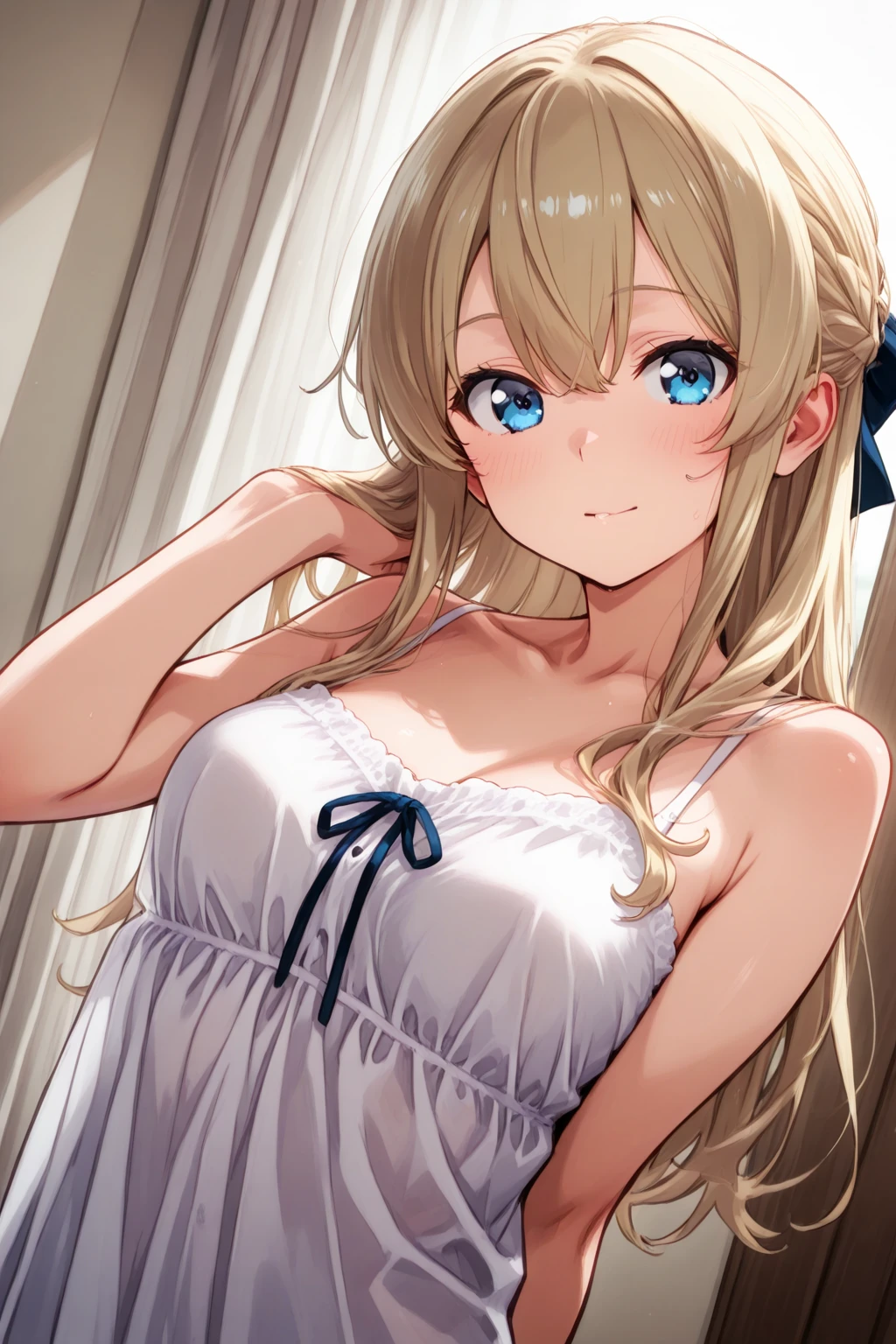 (Close Shot, Best Quality:1.5, hight resolution, nffsw, 4K, Detailed Lighting, shaded blonde straight hair, White princess dress,  thighs thighs thighs thighs, Stockings, Smiling, Bedroom background, tiarra