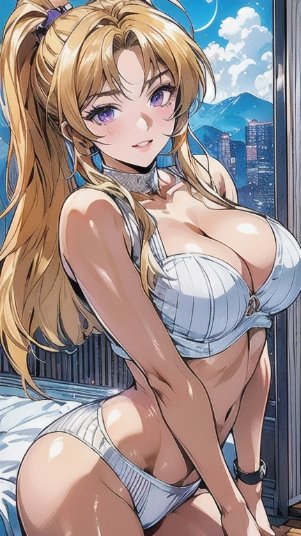 Super detailed、highest quality、best image quality、masterpiece、8K、anime face、gentle smile、shining blue eyes、blonde curly hair、heavy bangs、Wearing a white headband、(SFW huge body)、(((Rear view)))、cowboy shot、Wearing a white ?????
