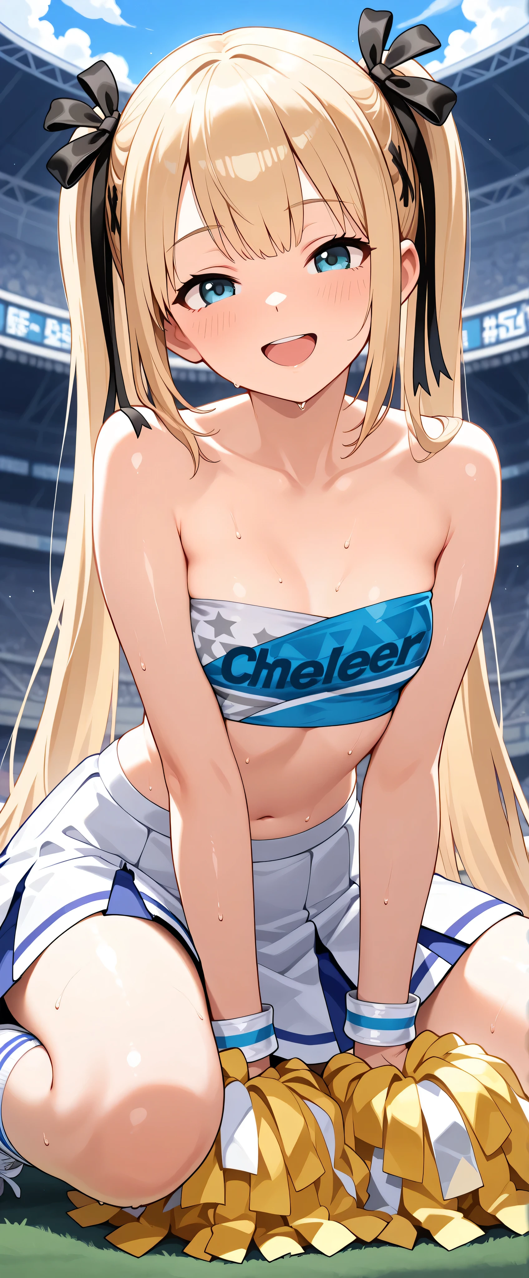 (masterpiece,Highest Quality,Ultra Hi-Res),1 Japanese woman, (((prompt, very beautiful ))), cute girls with good sense、look at the photographer、 (()), very cute face, ,Push out dark skin with a natural smile、 , 、, perfect hands and feet, Perfect Anatomy,((( Support Uniform ,cheerleader,cheerleader,tube top))))Stadium,())sweaty,(((tube top)))((((open mouse))))Marie Rose,white skin