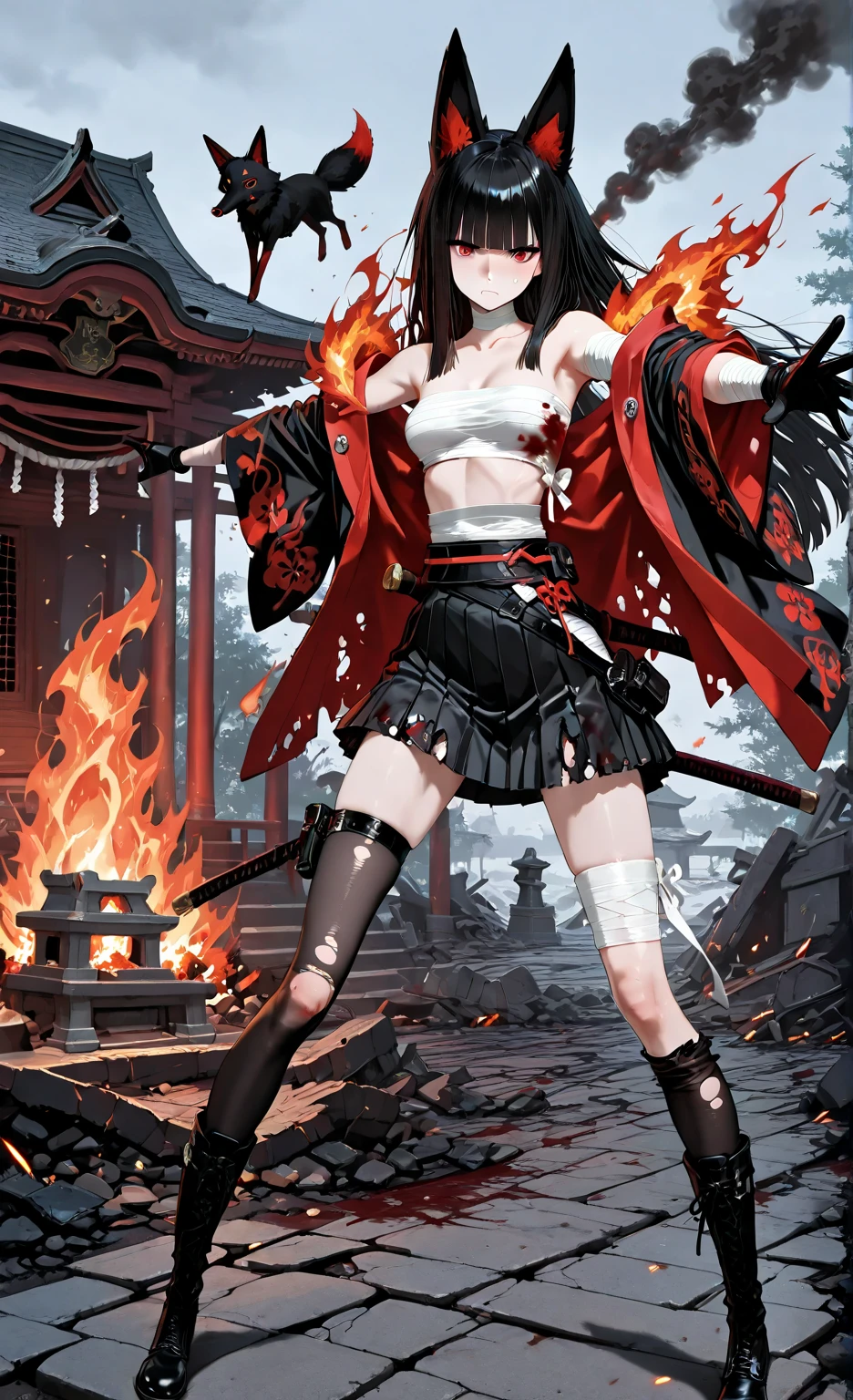 high quality, ultra highres, RAW photo, Akakitsune, fox_ears, red_eyes, long_black_hair, blunt_bangs, white_sarashi_top, japanese_open_clothes, black_pleated_mini_skirt, bandaged_arm, black_gloves, bandaged_leg, black_pantyhose, black_boots_footwear, 3/4 viewer, standing amid burning shrine ruins, embers floating around figure, distant expression of shock and devastation, fox ears alert despite emotional trauma, one hand reaching toward fallen comrade's weapon stuck in ground, other hand clenched in silent rage, destroyed shrine buildings still smoldering in background, sacred tree scorched but standing, red eyes reflecting flames and inner turmoil, expression of stunned disbelief transitioning to resolve, torn and soot-stained clothes from battle, bandaged arm with blood seeping through wrappings, boots standing firmly despite unstable ground, dramatic fire lighting, smoke and ember atmosphere, aftermath tension, illustration style, destroyed sacred site, detailed battle aftermath environment, dusk setting after devastating attack