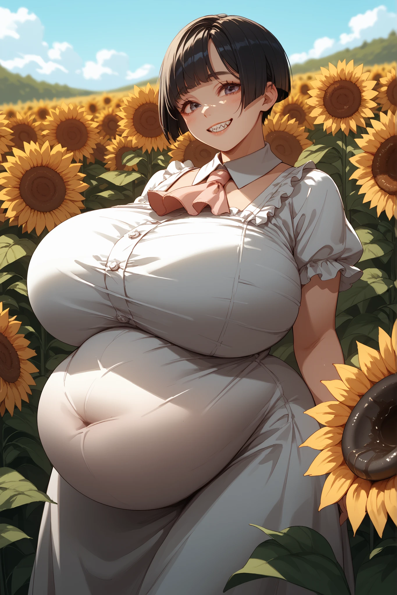 masterpiece, best quality, highres, detailed, realistic, young teenage woman, young, teenager, milkmaid (:1.8), (bursting :1.3), (detailed face, beautiful face), (tired expression), thin, slender, innocent, cute, field