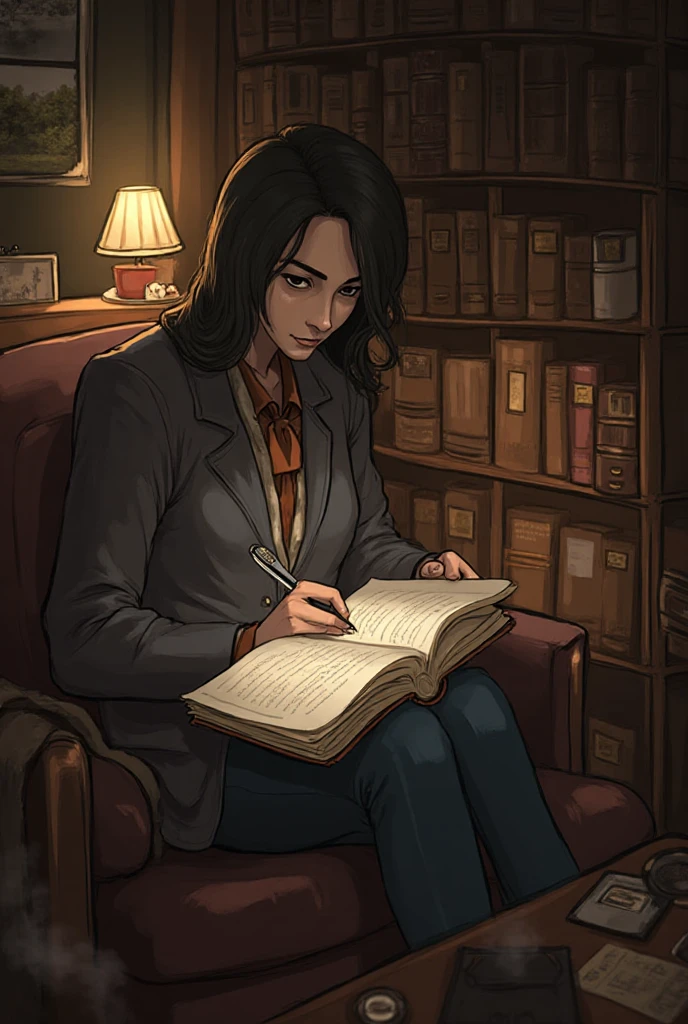 Beautiful woman in her 30s with short black hair is sitting on the sofa. Looking down, eyes closed, LOFI girl, alone in the room, blouse, cozy wallpaper, big cushion, bookshelf, relaxing mood, night core, cozy, wide glass window with skyscrapers, outside view at night, only five fingers, pink wall, Holding a book in hand,