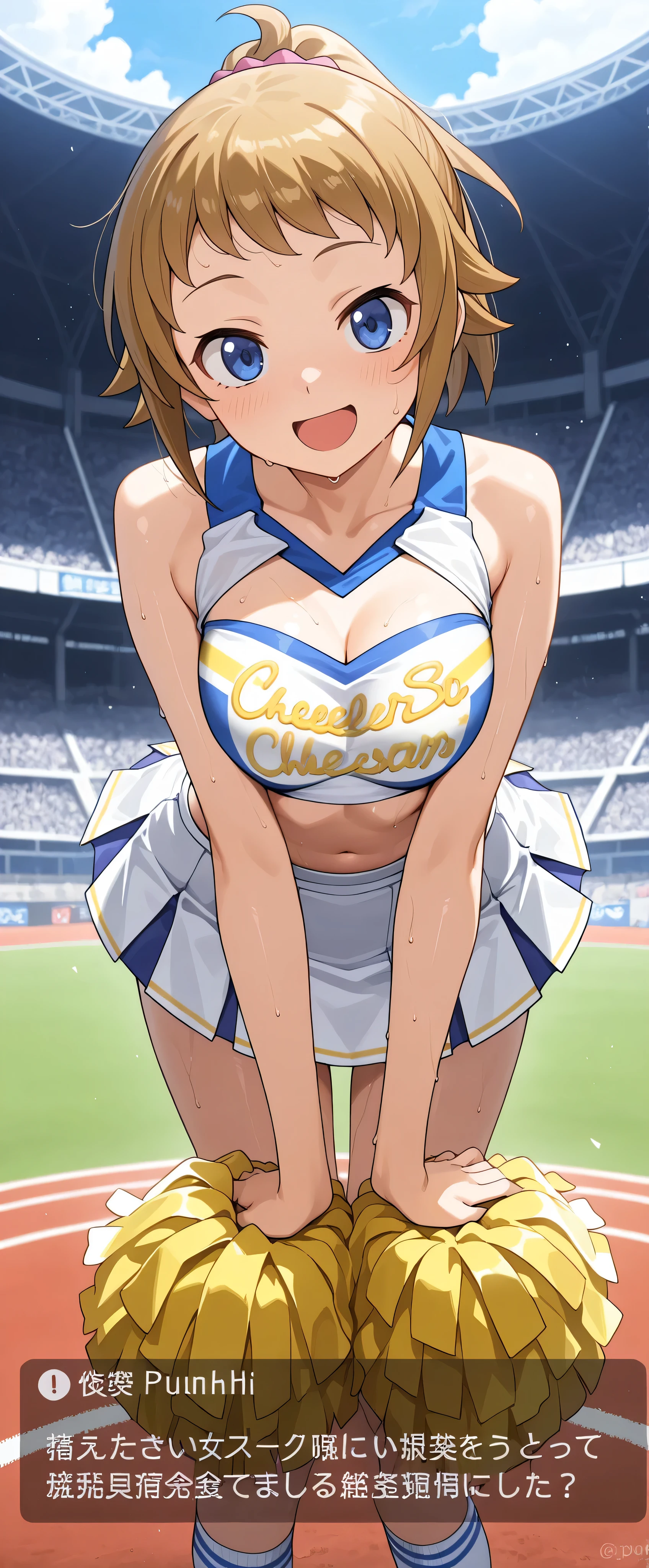 (masterpiece,Highest Quality,Ultra Hi-Res),1 Japanese woman, (((prompt, very beautiful ))), cute girls with good sense、look at the photographer､  (()), very cute face,  ,Push out dark skin with a natural smile、 , ､,  perfect hands and feet, Perfect  That Broke the Bar,((( Support Uniform ,cheerleader,cheerleader,tube top))))Stadium,())sweaty,(((tube top)))((((open mouse))))Hoshino Fumina,white skin