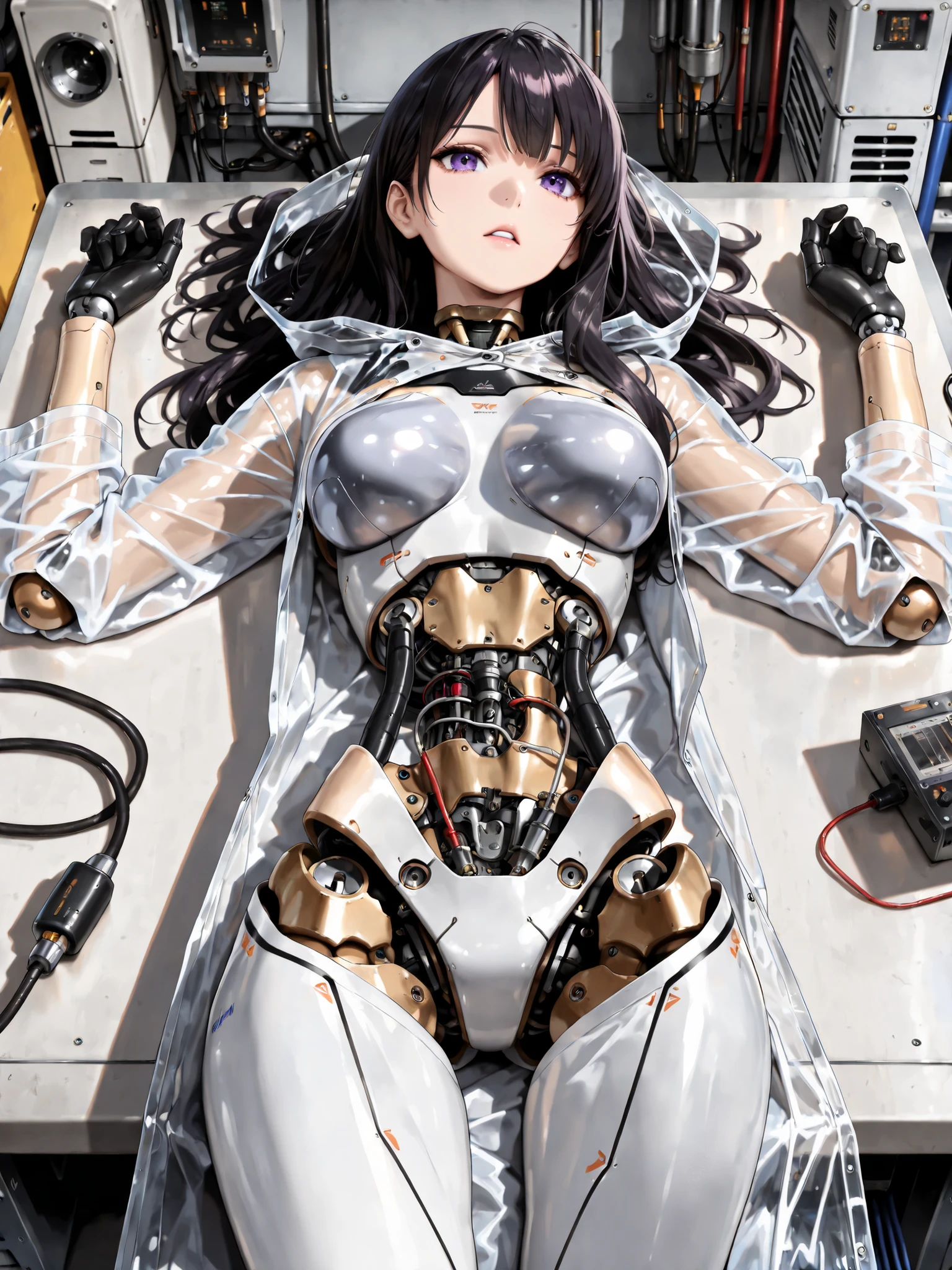 (((masterpiece))), (photo real, realism texture), (top Quality, High Quality:1.3), (top resolution, high resolution), ultra detailed, (high detailed), science fiction, beautiful Voluptuous robot girl, Silky smooth face, white cheek, purple eyes, realism glossy mouth, black long hair, (frame of perfect machine), robot limbs, (robot joint, wiring, (substrate:1.2), machine parts:1.3), robot breasts, (woman is dressed in transparent raincoat that lets you see the machine parts), (robot lying in table), from above, cowboy shot, (maintenance room:1.3)