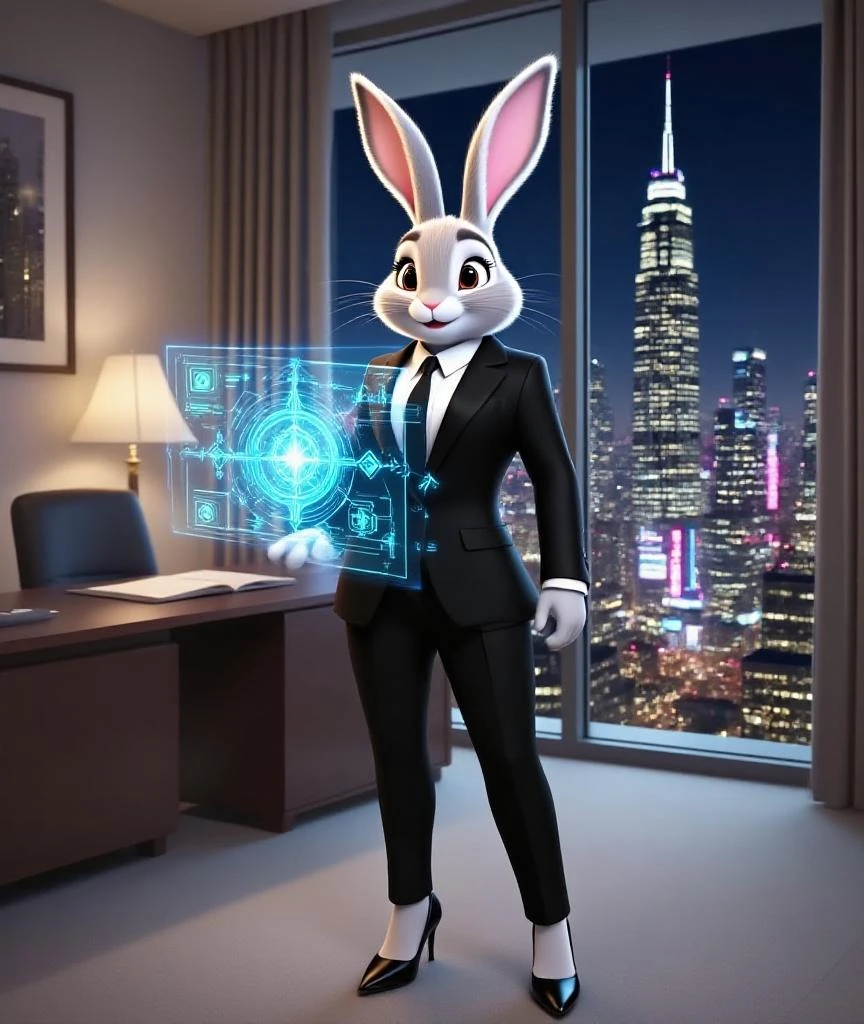 A white rabbit，She has big purple eyes，long eyelasher，Pink nose，Wearing a gray suit，The badge on the suit has Chinese characters written on it：Guimao。The background is a festively decorated office area with a Spring Festival atmosphere，There are 12 workstations in the office area，Usagi sitting at her work station，working on a book《certificate of completion》signature，There is also an official seal in her hand。pixar-style，3d animemasume，in a panoramic view。