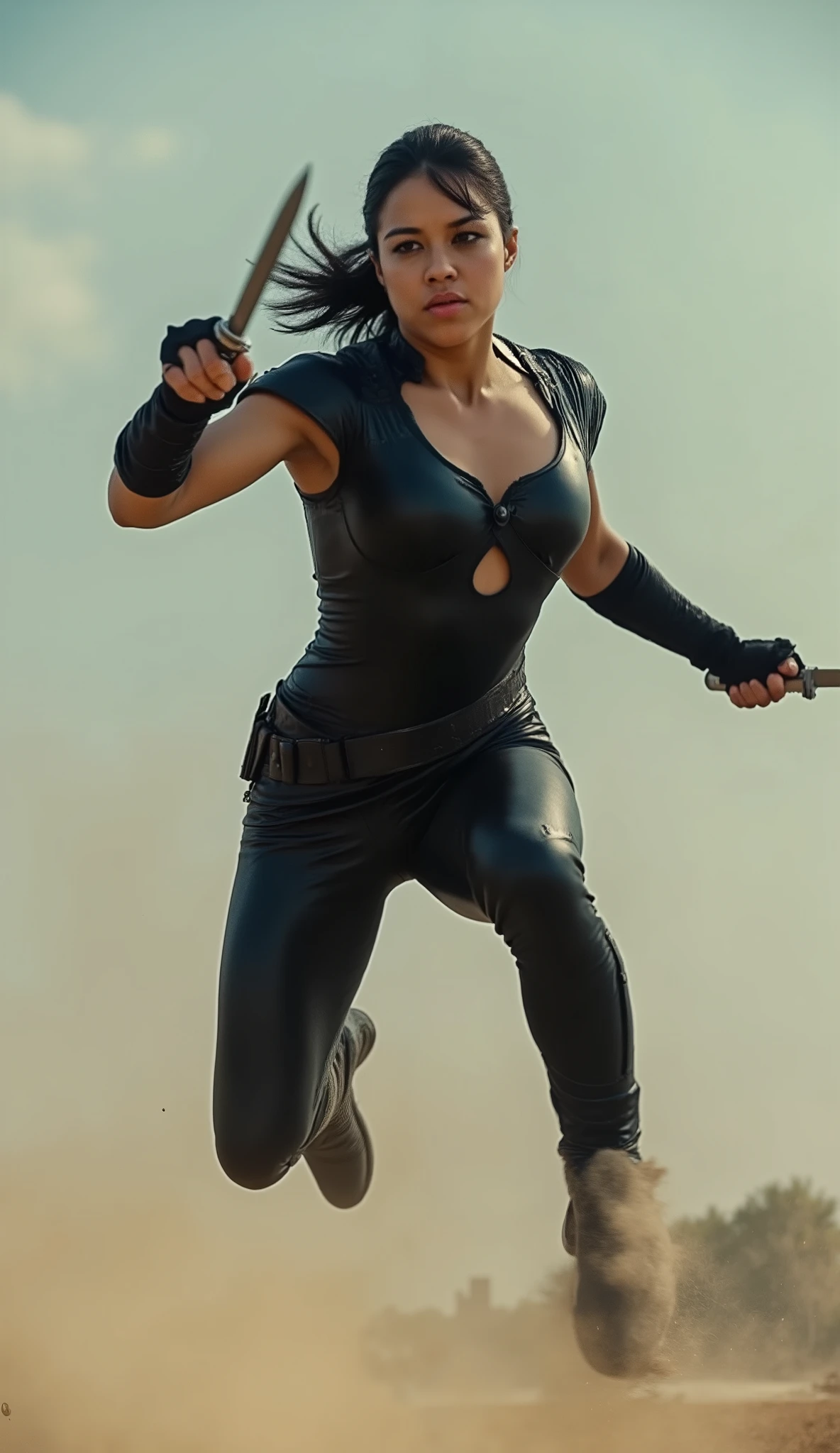 A strong, fierce warrior woman captured mid-air in a powerful jump, legs bent and spread in a dynamic, athletic pose that conveys motion and strength. She wears a short, tight black leather bodysuit with tactical cutouts that emphasize her muscular, thick body and curves. Black hair tied in full ponytail

Both hands hold a single sleek throwing knife, poised to throw, with sharp focus and intensity in her eyes. Her short hair flows naturally with the movement, and her expression is fierce and determined.

The bodysuit features glossy leather textures and minimalistic armored gloves. The scene is brightly and evenly lit with strong cinematic lighting, including key light on her face and body to highlight skin texture, muscle definition, and leather shine. Rim lighting accentuates her silhouette against a softly blurred background.

Ultra-realistic details such as skin pores, leather stitching, and metallic gleam on the knives are clearly visible.

Visual Style:
• Ultra-realistic photo style, 8K resolution, DSLR quality  
• Bright, even lighting focused on face and body  
• Sharp focus on character, subtle motion blur only on the two knives  
• Dramatic rim and back lighting creating high contrast shadows and highlights  
• No text, no labels, clean pure action image  
• Action scene on battlefield

Keywords:
real photo, female warrior jumping, dynamic athletic pose, battlefield, war, fight, battle, throwing knife in each hand, short black leather bodysuit, thick athletic body, sharp focus, bright cinematic lighting, enhanced face and body illumination, high detail, 8K, photorealism, no text, no overlays @batamb
