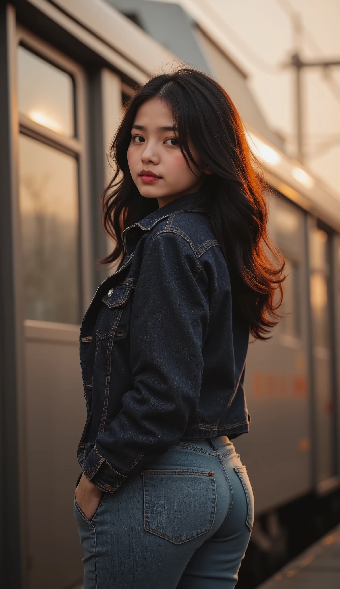 A warm-toned portrait of a young Malay Malaysian woman with long dark wavy hair, standing outdoors in front of a blurred train. She wears a casual dark denim jacket with matching denim jeans, styled in a double-denim street fashion look. Her pose is slightly turned away from the camera, with one hand resting near her back pocket, and she looks back toward the camera with a calm, confident expression. The photo has a moody golden-hour glow, muted film-like tones, natural depth of field, and a candid street photography style.