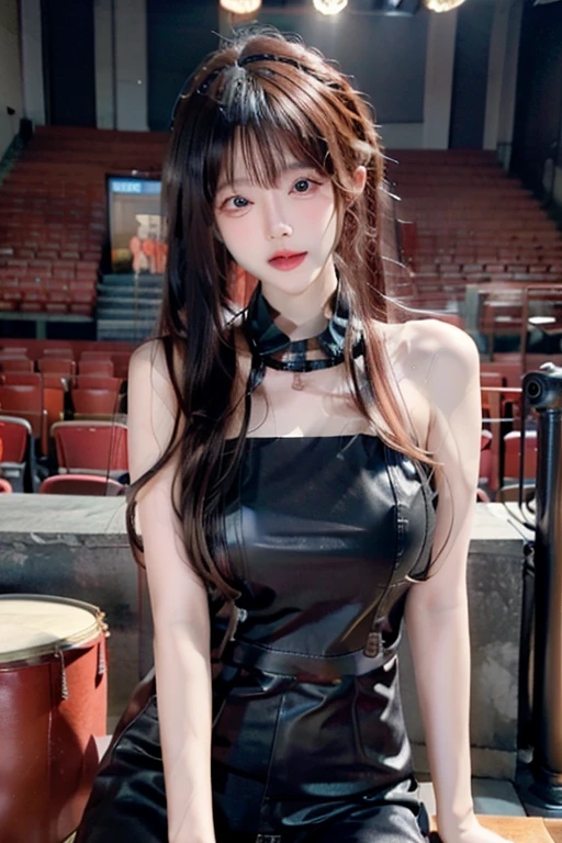 edgpskirt,wearing edgpskirt,punk skirt (( shoulder)), Double eyelids，Skin Whitening，Long hair，Whitening long legs，Standing by the sea, Fashion Girl, Red lips, Sweet Girl, Beautiful makeup, detail, lifelike, Very detailed, Astonishing, beautiful, Young and energetic, high quality，HD, Colorful， Beautifully, Smooth skin, The skirt is very short, Official Art, Extremely detailed, Movie atmosphere, Soft colors, Natural skin texture, Random scene, random shooting Angle, Black over-the-knee socks, lace hem