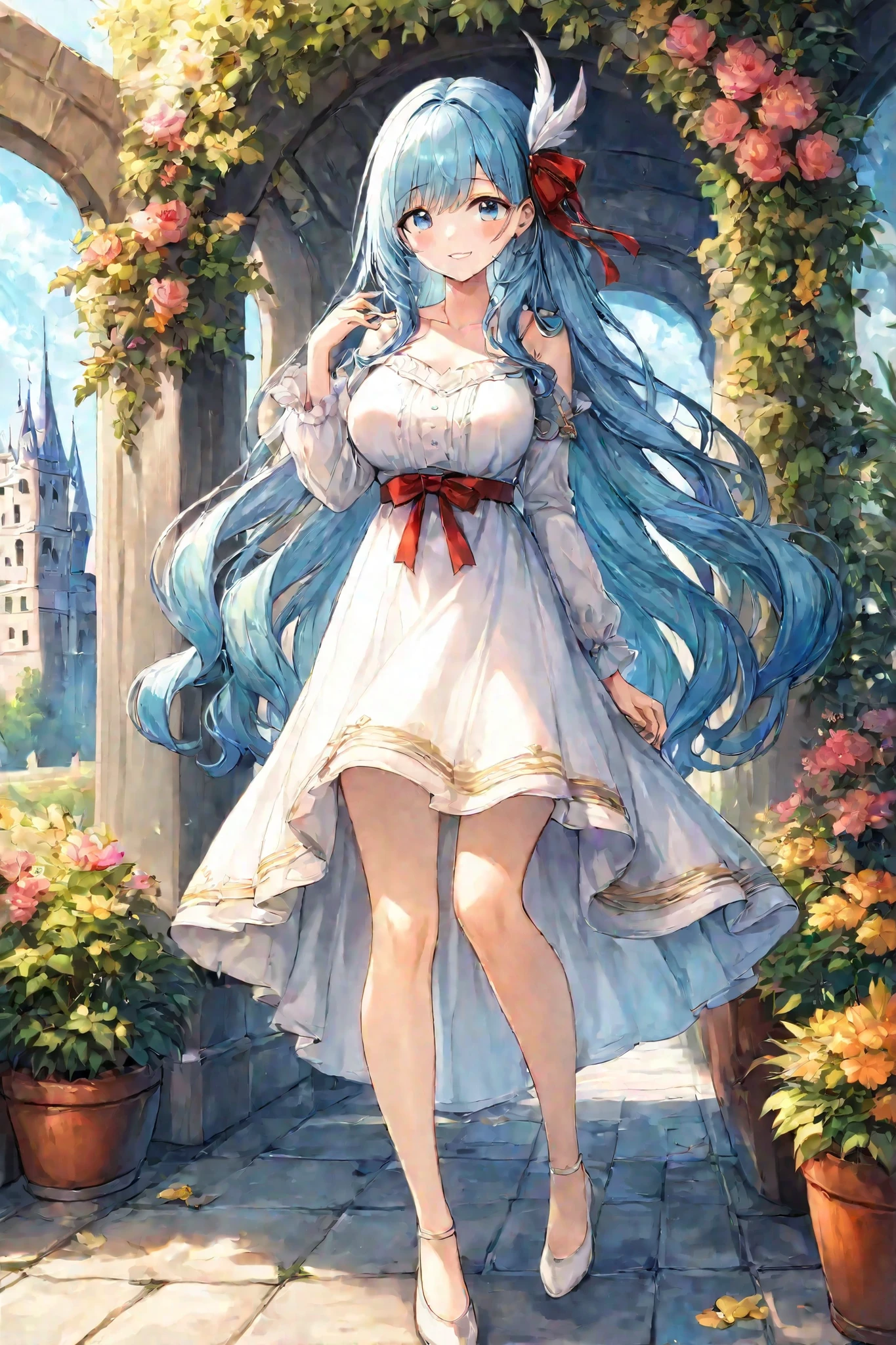 A beautiful young noble princess, Sphere Doras, appearing around 18-19 years old.
She has long, wavy blue hair flowing elegantly, and deep blue eyes full of kindness.
Her figure is tall, elegant, with a mature feminine body, long legs, and well-proportioned curves.
She wears a hem layered dress, mainly white with gold accents, designed to be noble yet easy to move in.
The dress flows gracefully with subtle details, showing tasteful shoulders and neckline, without being overly revealing.
On the left side of her hair, she wears a delicate red ribbon with a small white feather ornament.
Her expression is a gentle, refined smile, radiating elegance and dignity. beautiful breasts, curvy
Background: the castle garden in daylight, sunlight filtering through, vibrant flowers, warm and soft glow.
Professional anime style, highly detailed, clean refined coloring, full body, front view.