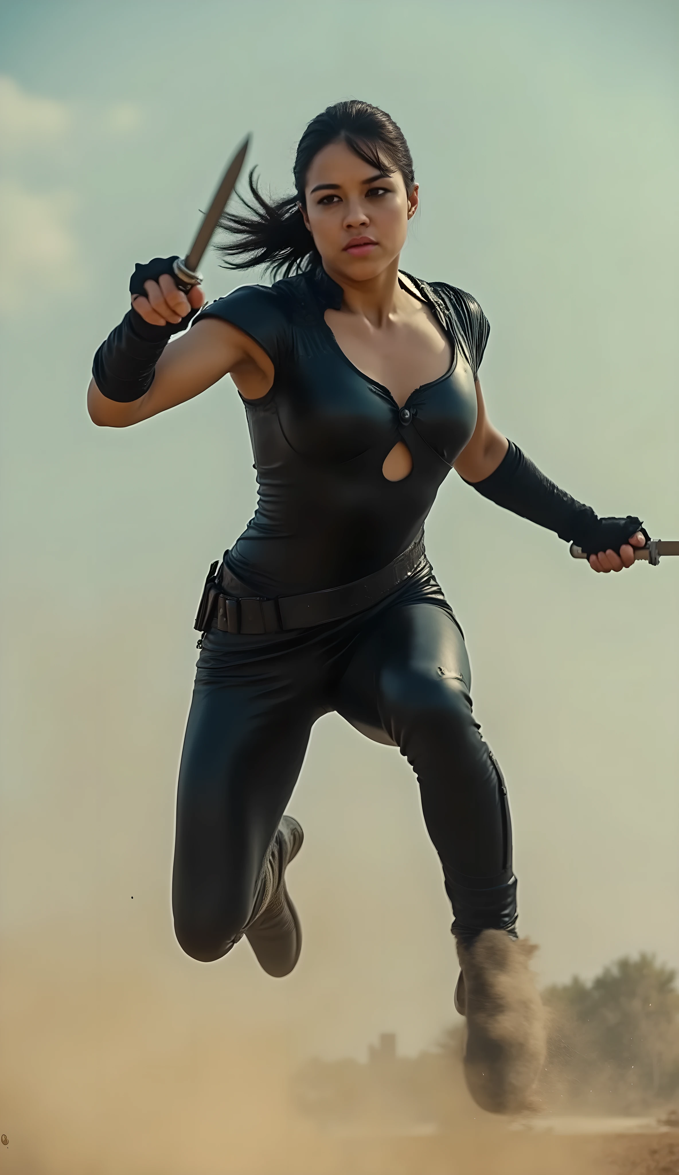 A strong, fierce warrior woman captured mid-air in a powerful jump, legs bent and spread in a dynamic, athletic pose that conveys motion and strength. She wears a short, tight black leather bodysuit with tactical cutouts that emphasize her muscular, thick body and curves. Black hair tied in full ponytail
Both hands hold a single sleek throwing knife, poised to throw, with sharp focus and intensity in her eyes. Her short hair flows naturally with the movement, and her expression is fierce and determined.
The bodysuit features glossy leather textures and minimalistic armored gloves. The scene is brightly and evenly lit with strong cinematic lighting, including key light on her face and body to highlight skin texture, muscle definition, and leather shine. Rim lighting accentuates her silhouette against a softly blurred background.
Ultra-realistic details such as skin pores, leather stitching, and metallic gleam on the knives are clearly visible.
Visual Style:
• Ultra-realistic photo style, 8K resolution, DSLR quality
• Bright, even lighting focused on face and body
• Sharp focus on character, subtle motion blur only on the two knives
• Dramatic rim and back lighting creating high contrast shadows and highlights
• No text, no labels, clean pure action image
• Action scene on battlefield
Keywords:
real photo, female warrior jumping, dynamic athletic pose, battlefield, war, fight, battle, throwing knife in each hand, short black leather bodysuit, thick athletic body, sharp focus, bright cinematic lighting, enhanced face and body illumination, high detail, 8K, photorealism, no text, no overlays @batamb