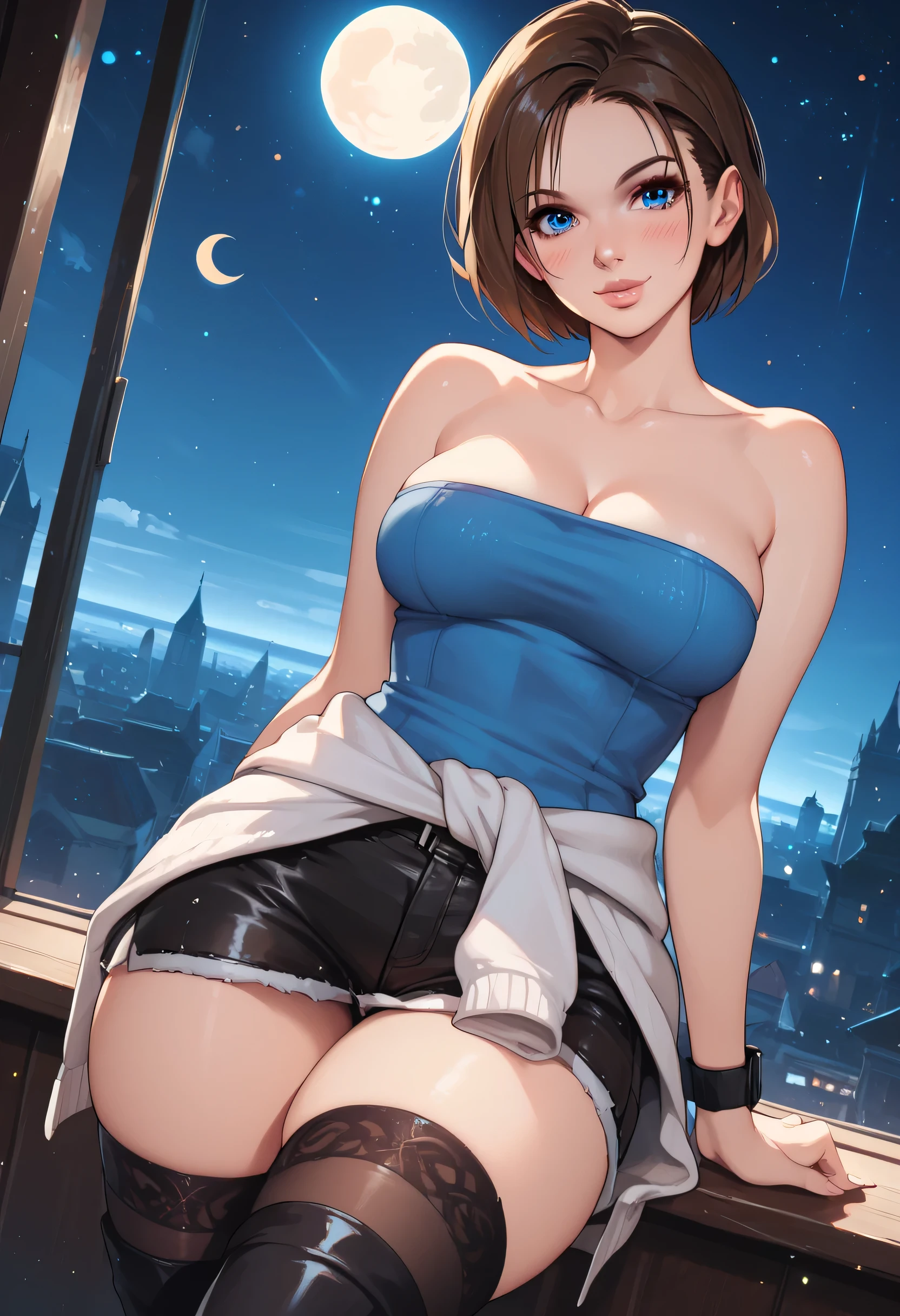 moon, full moon, 1girl, breasts, skirt, thighhighs, brown hair, star \(sky\), sun, short hair, blue eyes, smile, crescent moon, cleavage, starry sky, solo, night, bare shoulders, night sky, black legwear, (jill valentine), looking at viewer, (leather shorts miniskirt), thighs, collarbone, zettai ryouiki, sky, sweater around waist, (black leather shorts miniskirt), light particles, blush, lips, thick thighs, (blue tube top), looking at viewer, pov