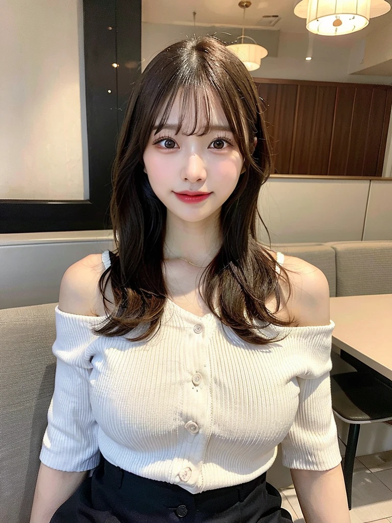 1 person、In detail, High resolution, Highest quality、Beautiful fine details, long hair, Natural color lip、Clear Skin、Shiny Hair、Tabletop, Super detailed, In detail, High resolution, 8K、Cute pose,Beautiful feet,Perfect beautiful face,KPOP idol faces,Ecstatic face、Cute face, smile、Seduce、I can see the valley、thigh boots、leather skirt、Off-the-shoulder sweater、belt、Selfie、smartphone、whole body、Dressing room