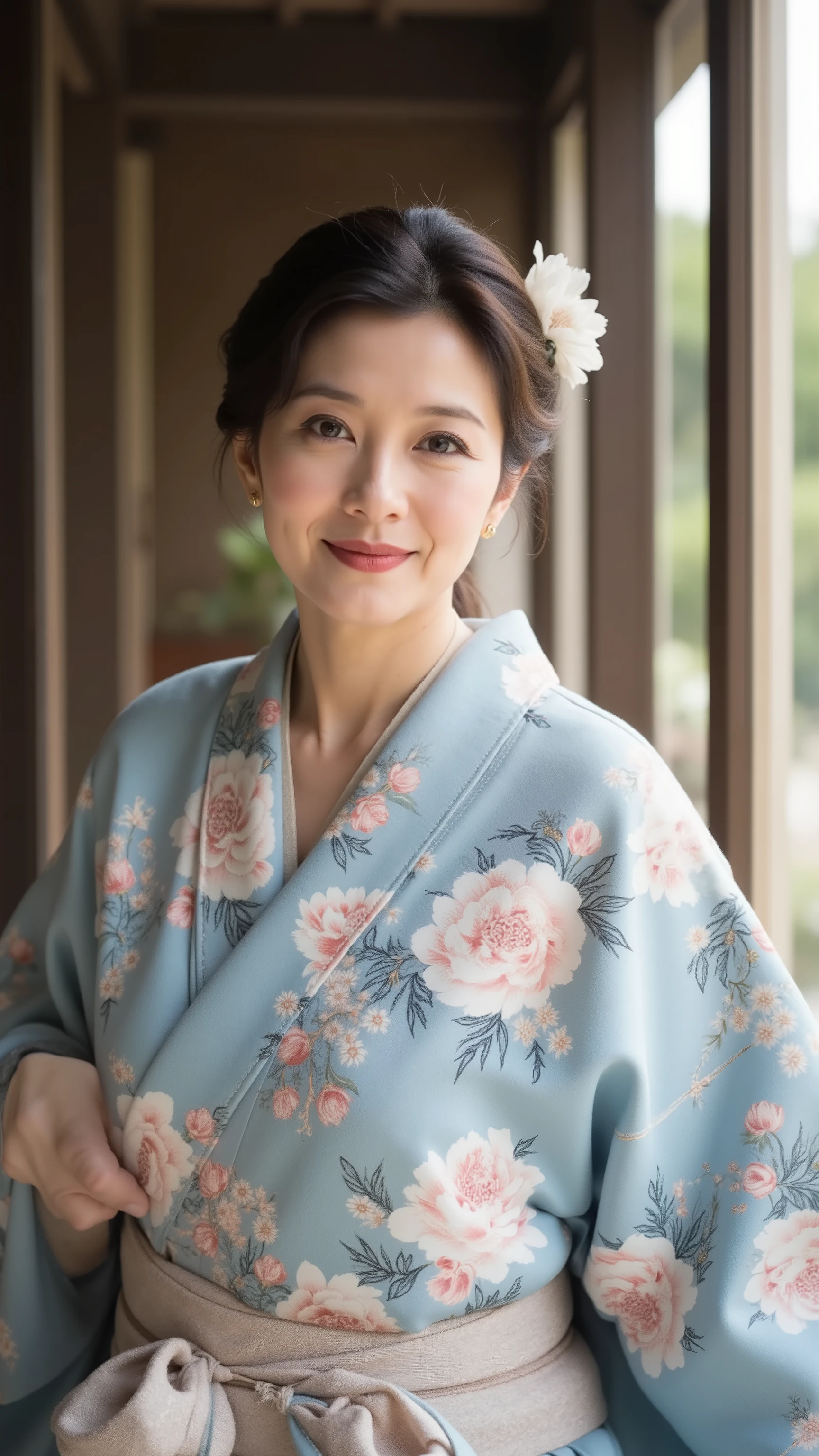 glamorous woman in her mid-50s、Take off the elegant kimono to your chest、((Lower the kimono to the point where you can see the bulge of your chest)),Kimono with a large peony flower pattern on light blue fabric、gentle smile expression、white teeth that shine like pearls、smiles that make you feel intelligent、(((Japanese-style house veranda scene 1:3)))、Figure Wrapped in Mysterious Light、bust、 clear eyes looking at the camera 、Gentle makeup、(((Shooting above the chest)))、staring at the camera