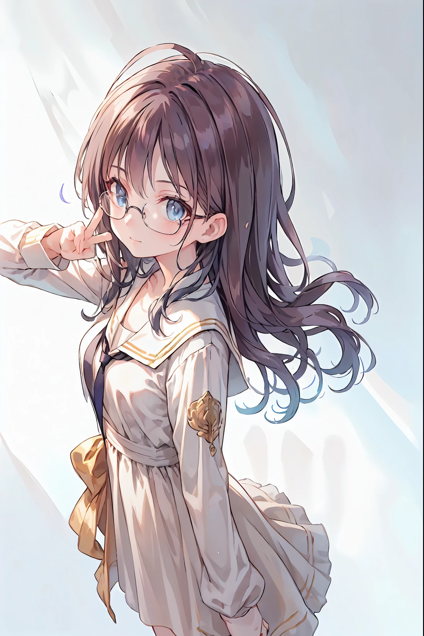 (((gold rimmed glasses))),(((Peace sign on face))),(((Bust Shot))),((face up)),((upper body)),((from above:1.2)),Dazzling gaze,Dignified Behavior,cowboy shot,big boobs,Long hair,Student Council President,School student council room,Student Charisma,Sharp Expressions,I am the most,Vice President for Male Students,Accounting and General Affairs Student,Declared War on Unreasonable Teachers,8K,Ultimate Details,Realistic,HDR,natural lighting,Professional,Brilliant Colors彩,Bokeh,brown hair,shortcuts,unkempt hair,Short braided hair,Neat,slender beauty,correct posture,small breasted,beautiful legs,Fascinating Gray-Blue Eyes Shine Like Stars,Saggy Eyes,Brilliant Colors,beautiful eyes,A delicate smile,Textured Skin,Highest Quality,gentle and beautiful woman,anime style、