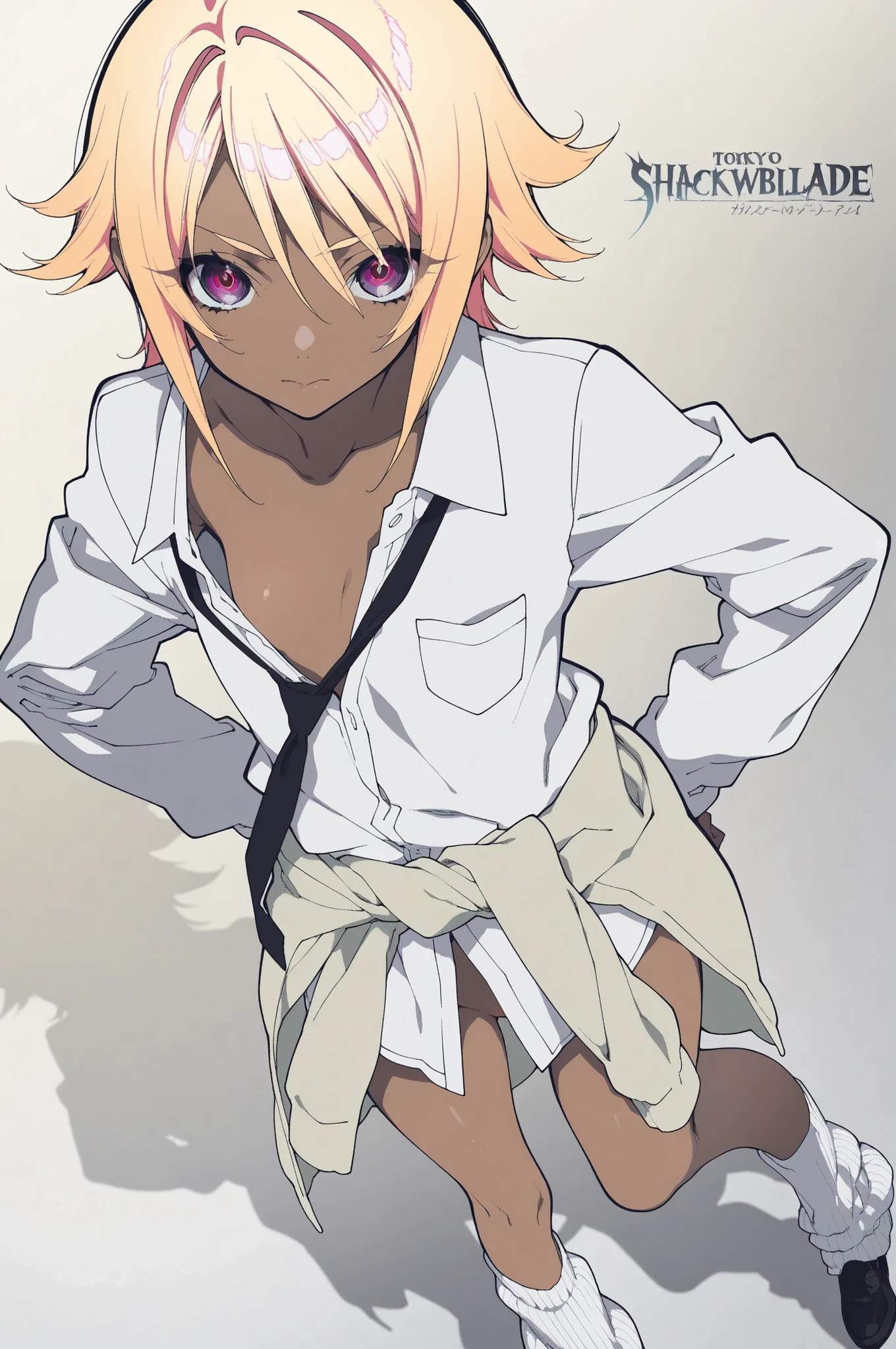1girl，Mochizuki Kei Style,Witchblade,anime coloring、Dramatic Lighting,full nudity,non-nude erotica,thigh，knees,standing,Girl,child body，sunken chest,shirt（Provocation in a Single Shirt）
Prompt:
A stunning anime girl with long,  blonde hairPurple Eyes， and sunkissed (Brown skin) skin, dressed in an unbuttoned white uniform shirt. The shirt is deliberately pulled slightly to one side, allowing a clear view of one side of her cleavage and  . She is wearing only the shirt (no bra, no skirt, no panties). A  khaki sweater is wrapped low around her waist; the sleeves are tied in the front, creating a careful non-nude barrier for her private parts. A black necktie hangs loosely around her neck. The angle is low to emphasize her long legs and the voluminous, very loose socks she wears. The atmosphere is tense and highly charged. (Extreme non-nude,  uniform, very short length,  legs, hyper-detailed skin texture, anime style),Dramatic Lighting，Dramatic angles，child body，flat chest，child body，petite girl,oversized garments,Blue Skyのtokyo,Blue Sky，TOKYO BACKGROUND，