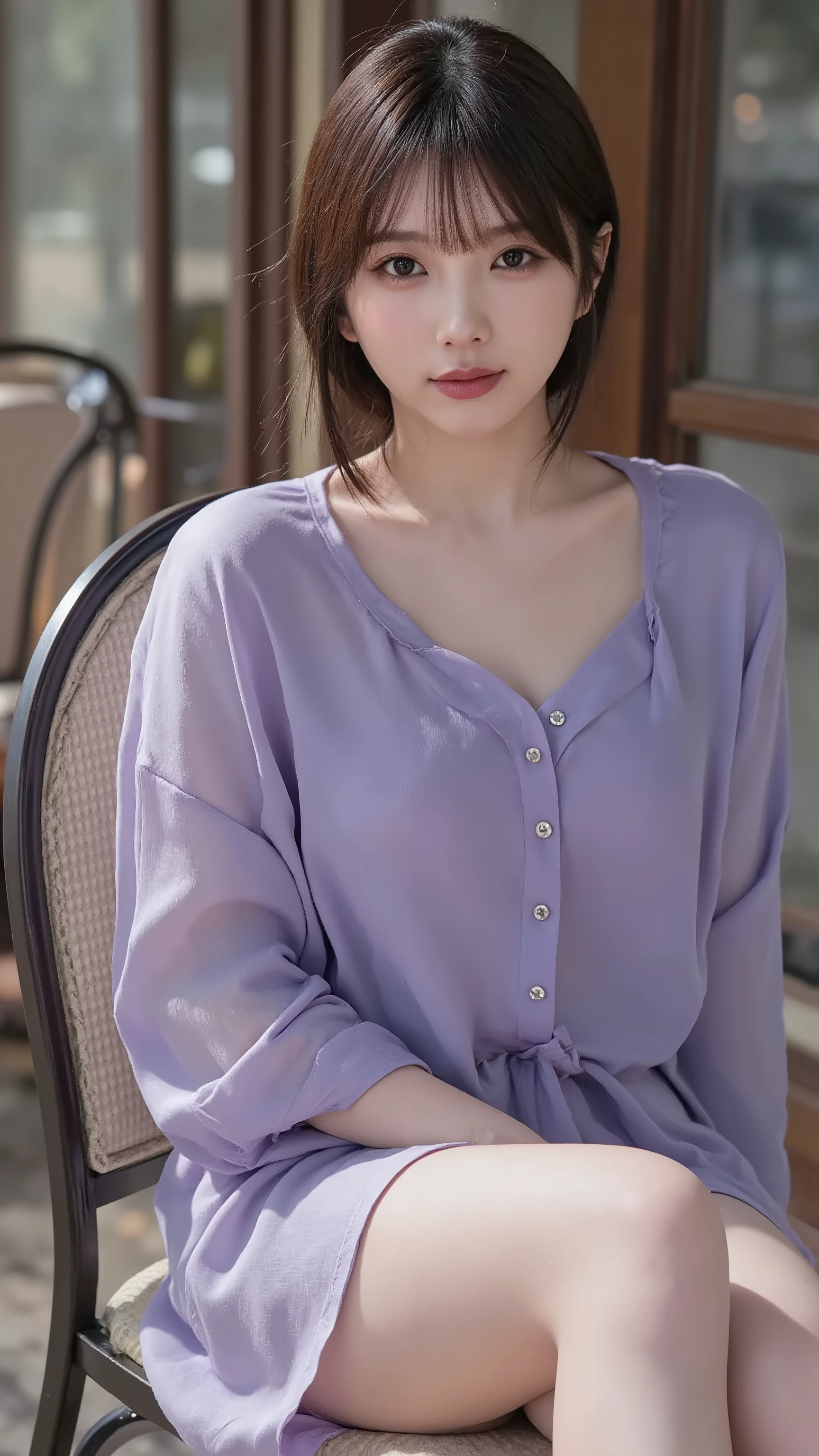 sexy,thigh-high,Sitting on a cafe chair in the warm sunshine,Teenage Korean female idol singers, short hair hairstyle, Thick textured loose-fit, Purple silk blouse with v-shaped buttons on the chest, Big breasts and a top that looks like it's bursting out, white skin with sparkling water drops, Sensual Body Line, Lovely Smile, Cinematic angle, luxury clothes, modern outfit, mini skirt
