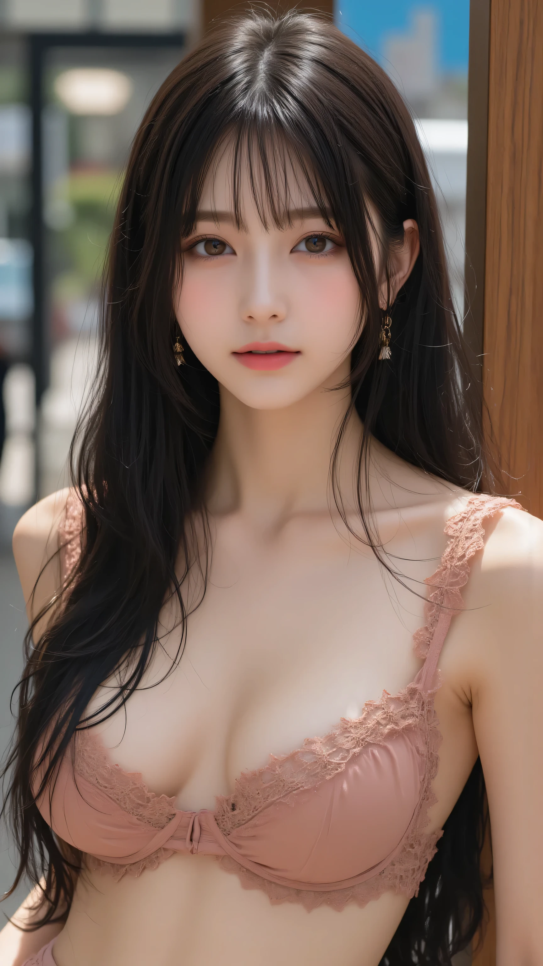 split-colored hair、ichiro、
1girl in, 独奏, blue eyess, A dark-haired, hair adornments, Hugged, cleavage of the , middlebreasts, florals, Komono, Kimono, off shoulders, manicure, makeup, lipsticks, Japanese style background, red claw, eyeshadows, florals, hair stick, Kanzashi, Comb, Florals Kui ，Kunoichi ，ninjartist ，