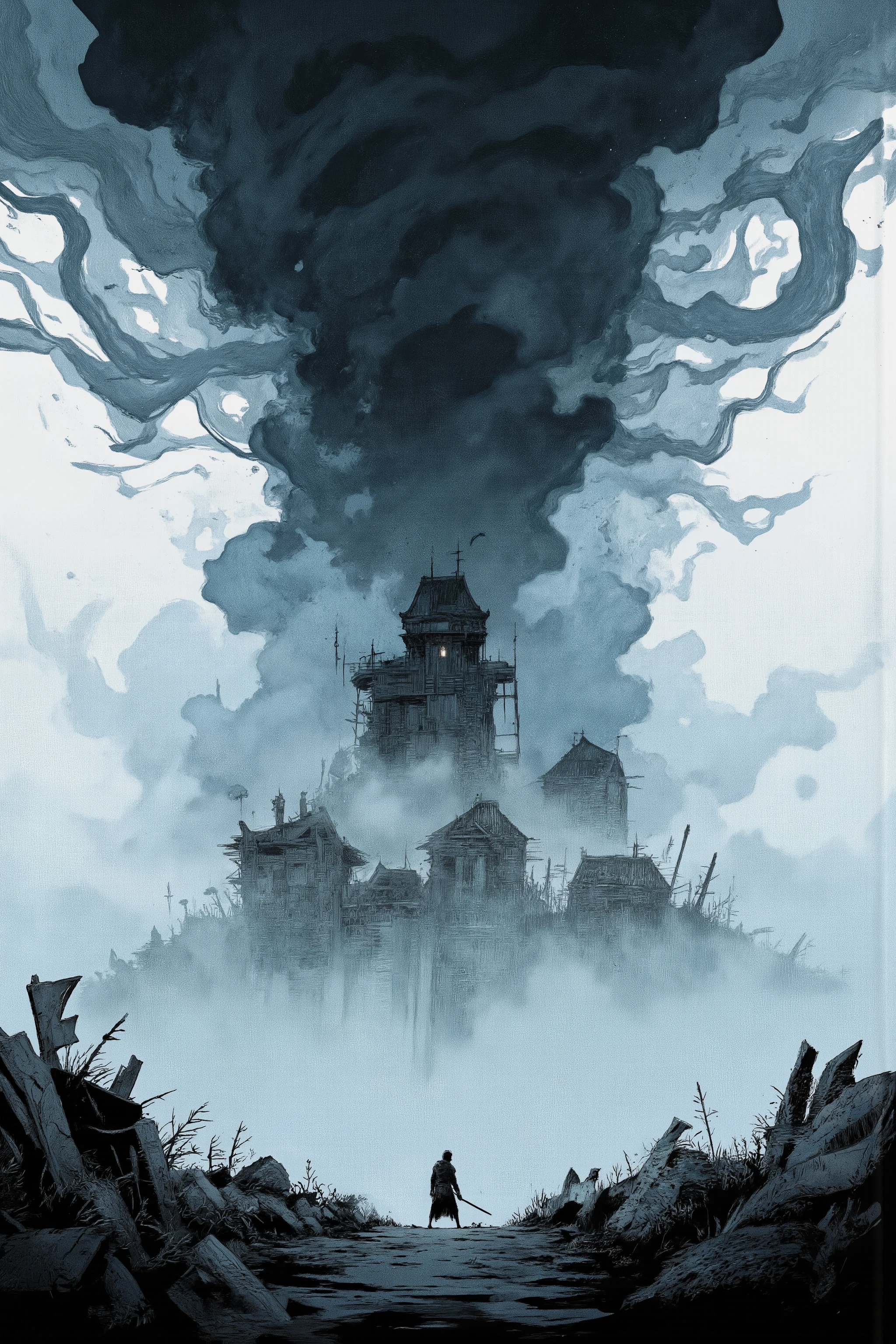 huge vortex,tornado causes、spooky castle rises,surrounded by fog,surrounded by fog,Grass can grow as much as it wants,fog quietly flowing into a dark, rough sky,Dim Natural Light,has a cold and creepy atmosphere,creates a dramatic mood,A person holding a weapon is drawn in silhouette、in medieval architecture Built Tasono Castle,tension for the battle that is about to begin,Fantastic worldview,game artwork,High Fantasy Matte Painting, large tornado clouds spread over the castle,Ominous Fantasy Illustration,Castle made of clouds , Rubble and Debris as Scaffolding, Dreamy Concept Art ,Big Stage, Attracting Little Travelers , rpg concept art , very detailed character , Dark Fantasy Concept Art, rpg concept art , Elden Ring Video Game Character Art , Highly Detailed Line Drawings ,Vivid Ink Paintings , very unrealistic ,Extremely Vivid ,inspired ジャン・Moebius・ジロー著, Demizu Posuka, inspired Moebius , Moebius , ジャン・Moebius・ジロー著, Kilian Eng. Moebius