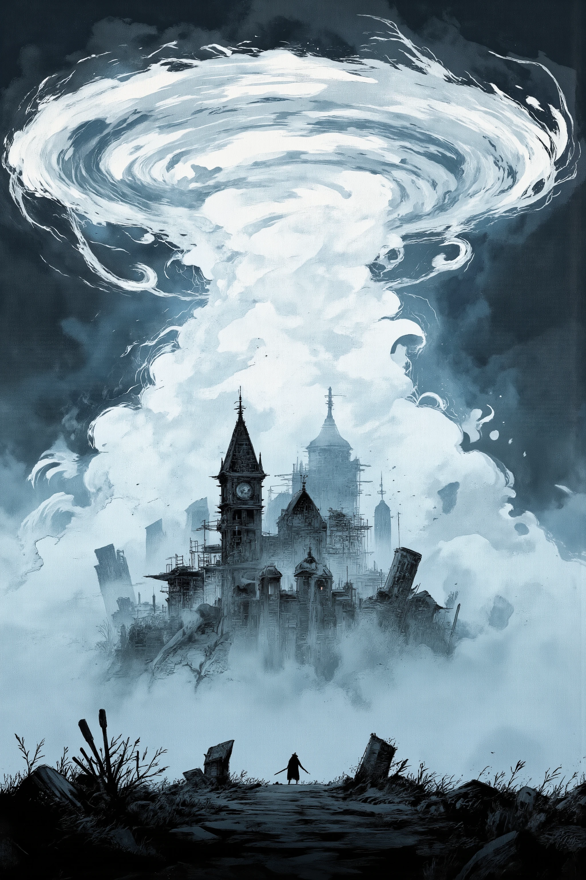 huge vortex,tornado causes、spooky castle rises,surrounded by fog,surrounded by fog,Grass can grow as much as it wants,fog quietly flowing into a dark, rough sky,Dim Natural Light,has a cold and creepy atmosphere,creates a dramatic mood,A person holding a weapon is drawn in silhouette、in medieval architecture Built Tasono Castle,tension for the battle that is about to begin,Fantastic worldview,game artwork,High Fantasy Matte Painting, large tornado clouds spread over the castle,Ominous Fantasy Illustration,Castle made of clouds , Rubble and Debris as Scaffolding, Dreamy Concept Art ,Big Stage, Attracting Little Travelers , rpg concept art , very detailed character , Dark Fantasy Concept Art, rpg concept art , Elden Ring Video Game Character Art , Highly Detailed Line Drawings ,Vivid Ink Paintings , very unrealistic ,Extremely Vivid ,inspired ジャン・Moebius・ジロー著, Demizu Posuka, inspired Moebius , Moebius , ジャン・Moebius・ジロー著, Kilian Eng. Moebius