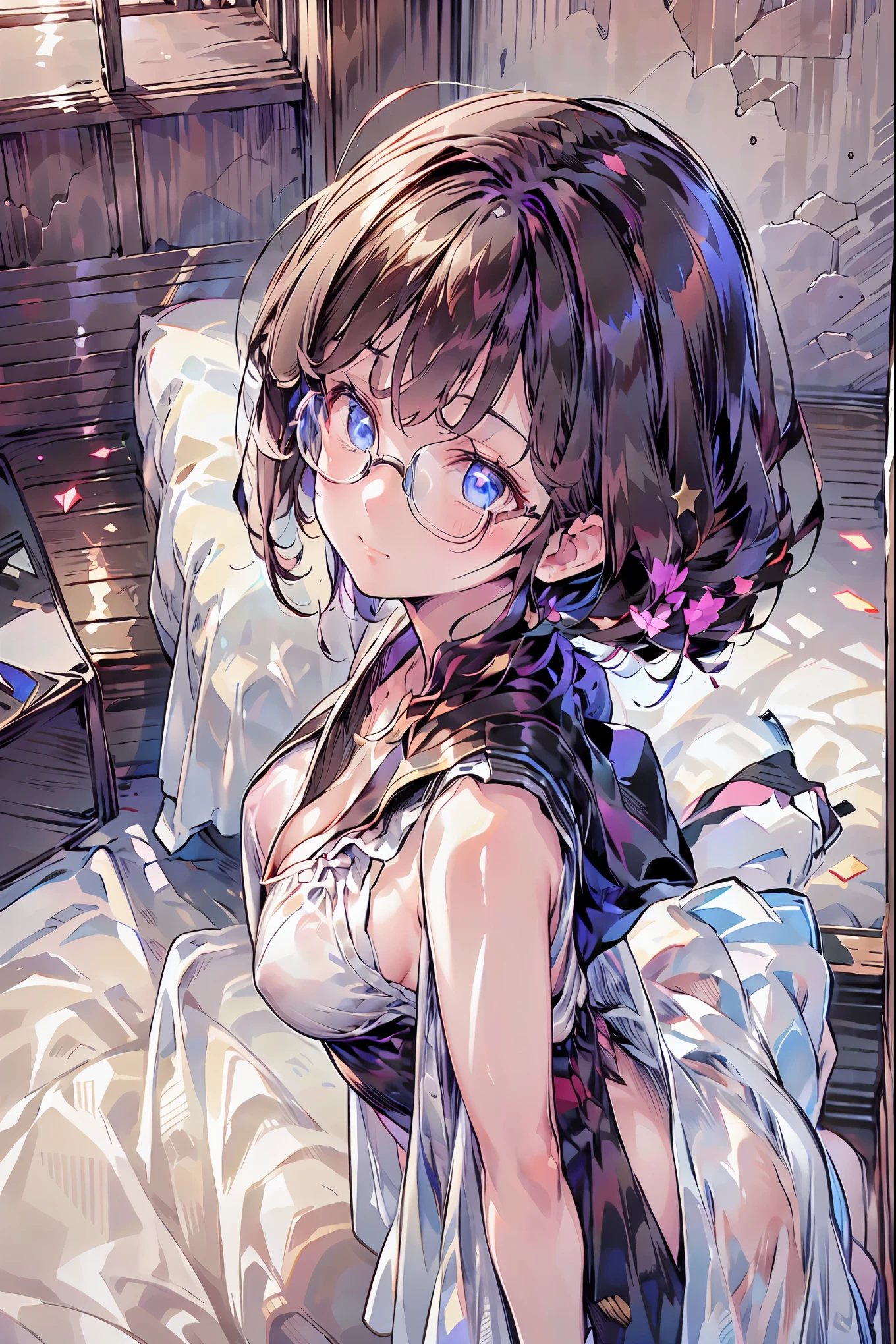 (((gold rimmed glasses))),(((Peace sign on face))),(((Bust Shot))),((face up)),((upper body)),((from above:1.2)),Dazzling gaze,Dignified Behavior,cowboy shot,big boobs,Long hair,Student Council President,School student council room,Student Charisma,Sharp Expressions,I am the most,Vice President for Male Students,Accounting and General Affairs Student,Declared War on Unreasonable Teachers,8K,Ultimate Details,Realistic,HDR,natural lighting,Professional,Brilliant Colors彩,Bokeh,brown hair,shortcuts,unkempt hair,Short braided hair,Neat,slender beauty,correct posture,small breasted,beautiful legs,Fascinating Gray-Blue Eyes Shine Like Stars,Saggy Eyes,Brilliant Colors,beautiful eyes,A delicate smile,Textured Skin,Highest Quality,gentle and beautiful woman,anime style、