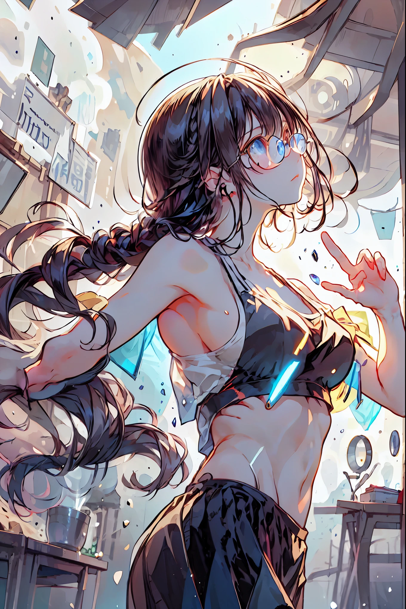 (((gold rimmed glasses))),(((Peace sign on face))),(((Bust Shot))),((face up)),((upper body)),((from below:1.2)),Dazzling gaze,Dignified Behavior,cowboy shot,big boobs,Long hair,Student Council President,School student council room,Student Charisma,Sharp Expressions,I am the most,Vice President for Male Students,Accounting and General Affairs Student,Declared War on Unreasonable Teachers,8K,Ultimate Details,Realistic,HDR,natural lighting,Professional,Brilliant Colors彩,Bokeh,brown hair,shortcuts,unkempt hair,Short braided hair,Neat,slender beauty,correct posture,small breasted,beautiful legs,Fascinating Gray-Blue Eyes Shine Like Stars,Saggy Eyes,Brilliant Colors,beautiful eyes,A delicate smile,Textured Skin,Highest Quality,gentle and beautiful woman,anime style、