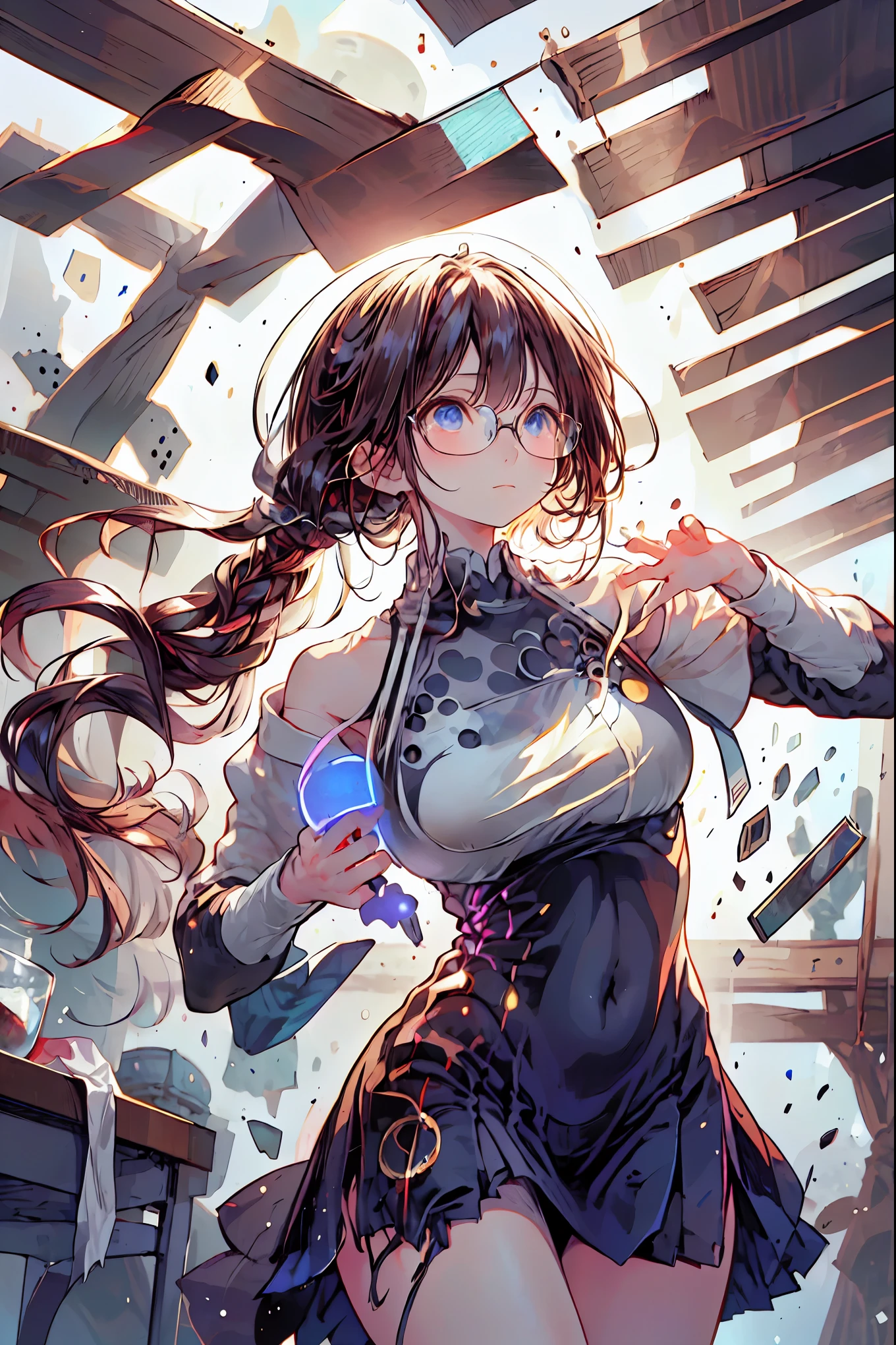 (((gold rimmed glasses))),(((Peace sign on face))),(((Bust Shot))),((face up)),((upper body)),((from below:1.2)),Dazzling gaze,Dignified Behavior,cowboy shot,big boobs,Long hair,Student Council President,School student council room,Student Charisma,Sharp Expressions,I am the most,Vice President for Male Students,Accounting and General Affairs Student,Declared War on Unreasonable Teachers,8K,Ultimate Details,Realistic,HDR,natural lighting,Professional,Brilliant Colors彩,Bokeh,brown hair,shortcuts,unkempt hair,Short braided hair,Neat,slender beauty,correct posture,small breasted,beautiful legs,Fascinating Gray-Blue Eyes Shine Like Stars,Saggy Eyes,Brilliant Colors,beautiful eyes,A delicate smile,Textured Skin,Highest Quality,gentle and beautiful woman,anime style、