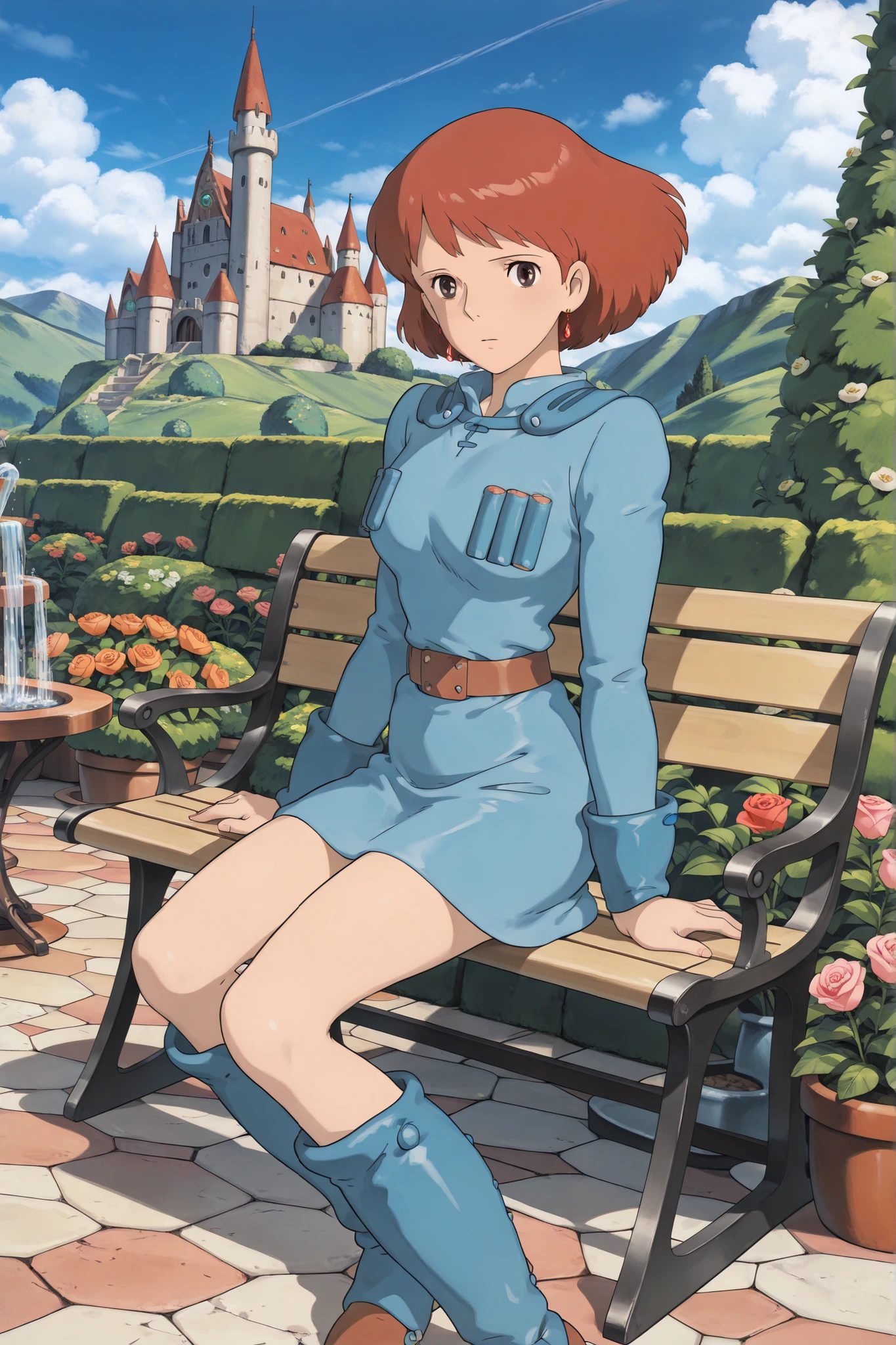 (Masterpiece, top quality, 8k, High quality anime, detailed and accurate anime poster, Studio Ghibli style, High sense Art ), Nausicaa, 1girl, very cool, she is sitting on bench in English garden, beautiful rose garden, garden table, small fountain, look at viewer, mouth open a little, beautiful marble wall, tall hedge, full of energy, relax time, taking a break, orange hair, short hair, ((elegant short bob cut)), dark brown eyes, beautiful clear eyes, double eyelids, Red Gemstone Earrings, beautiful breasts, beautiful legs, perfect body balance, perfect beauty, slender body, beautiful eyes, (look at audience), Valley of the Wind Scenery, Beautiful scenery in the castle, Cobblestone load, Baroque castle, the wind blows through, 1girl, ((very cool Nausicaa)), ((Nausicaa is very elegant)), very sweet face with sadness, Ivory color tights, blue dress, chest bullet holder, long_sleeves, belt, blue shin guards, felt shoes, front view,