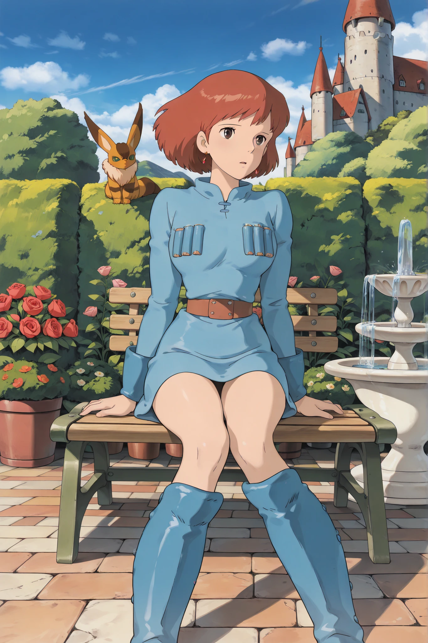 (Masterpiece, top quality, 8k, High quality anime, detailed and accurate anime poster, Studio Ghibli style, High sense Art ), Nausicaa, 1girl, very cool, she is sitting on bench in English garden, beautiful rose garden, garden table, small fountain, look at viewer, mouth open a little, beautiful marble wall, tall hedge, full of energy, relax time, taking a break, orange hair, short hair, ((elegant short bob cut)), dark brown eyes, beautiful clear eyes, double eyelids, Red Gemstone Earrings, beautiful breasts, beautiful legs, perfect body balance, perfect beauty, slender body, beautiful eyes, (look at audience), Valley of the Wind Scenery, Beautiful scenery in the castle, Cobblestone load, Baroque castle, the wind blows through, 1girl, ((very cool Nausicaa)), ((Nausicaa is very elegant)), very sweet face with sadness, Ivory color tights, blue dress, chest bullet holder, long_sleeves, belt, blue shin guards, felt shoes, front view,