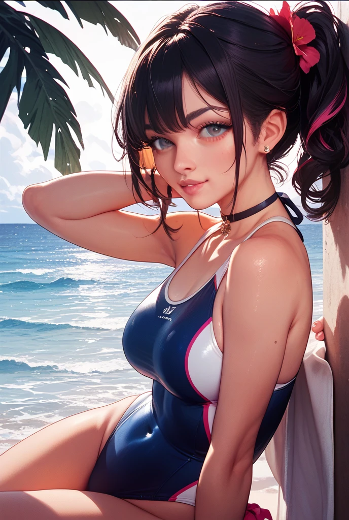 girl、solo、、swimsuit one piece、seductive pose、smile、beach、Playing with the waves on the beach、