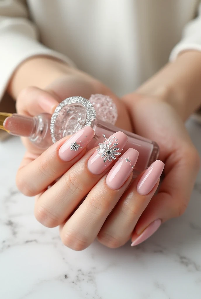 Product close-up photography，A pair of hands with perfect nails elegantly holding a transparent nail polish bottle。Background is clean marble texture。Exquisite French diamond art on the nails，Clear focus，background blur。Professional Photography Lighting，Details Extremely clear，Suitable for social media advertising。