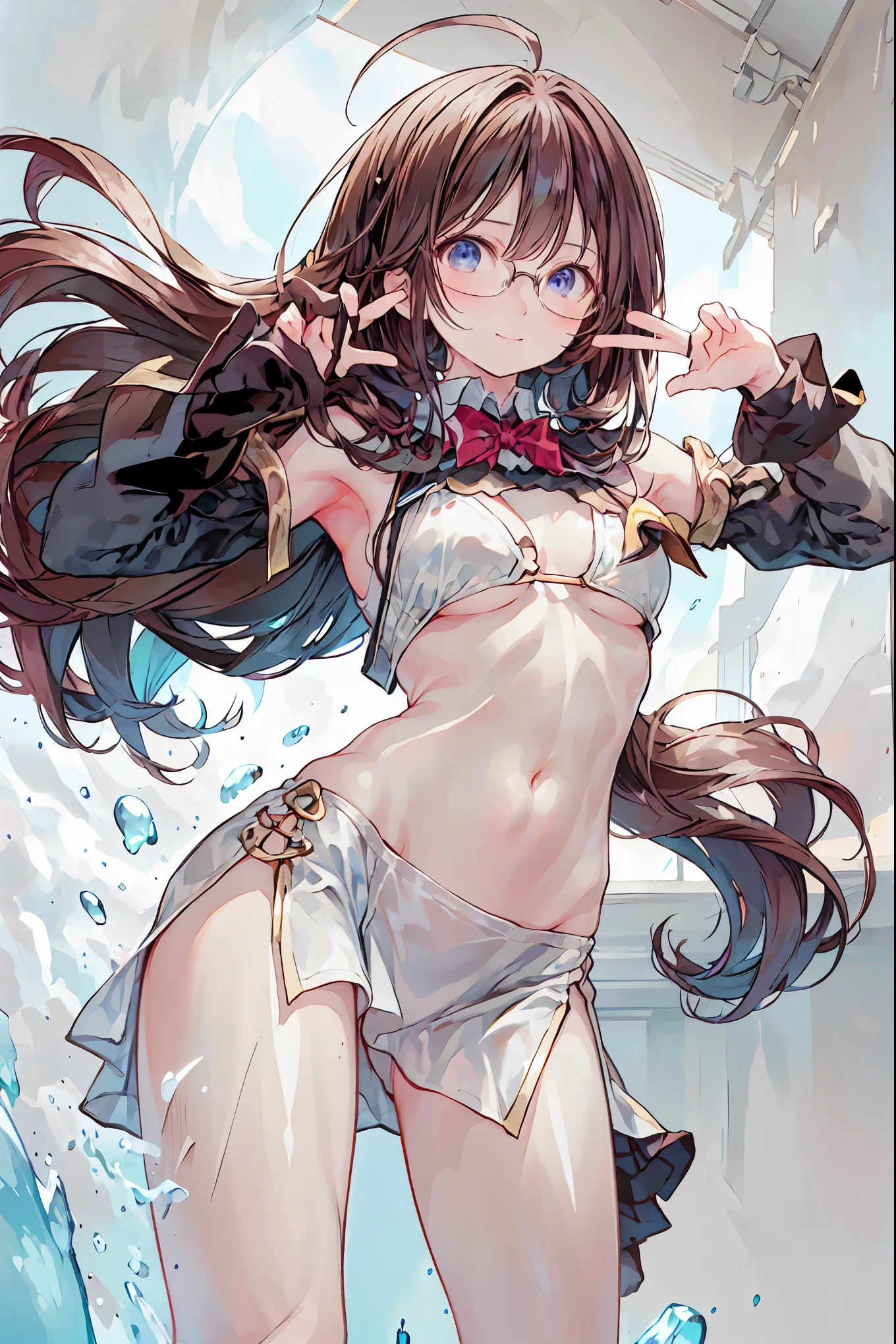 (((gold rimmed glasses))),(((Peace sign on face))),(((Bust Shot))),((face up)),((upper body)),((from below:1.2)),Dazzling gaze,Dignified Behavior,cowboy shot,big boobs,Long hair,Student Council President,School student council room,Student Charisma,Sharp Expressions,I am the most,Vice President for Male Students,Accounting and General Affairs Student,Declared War on Unreasonable Teachers,8K,Ultimate Details,Realistic,HDR,natural lighting,Professional,Brilliant Colors彩,Bokeh,brown hair,shortcuts,unkempt hair,Short braided hair,Neat,slender beauty,correct posture,small breasted,beautiful legs,Fascinating Gray-Blue Eyes Shine Like Stars,Saggy Eyes,Brilliant Colors,beautiful eyes,A delicate smile,Textured Skin,Highest Quality,gentle and beautiful woman,anime style、