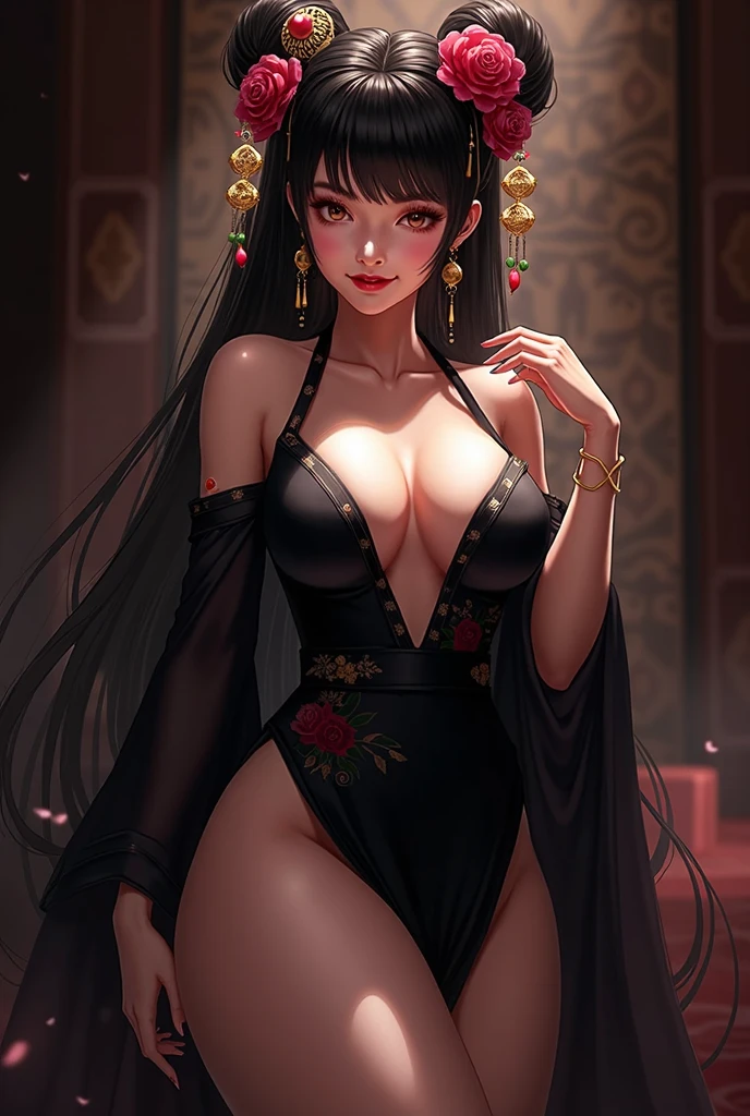 masterpiece, best quality, DakiV4, 1girl, solo, long hair, , smile, ((black hair)), hair ornament, indoors, v, japanese architecture, thighhighs, navel, cleavage, very long hair, , panties, <lora:DakiV4-10:0.8>