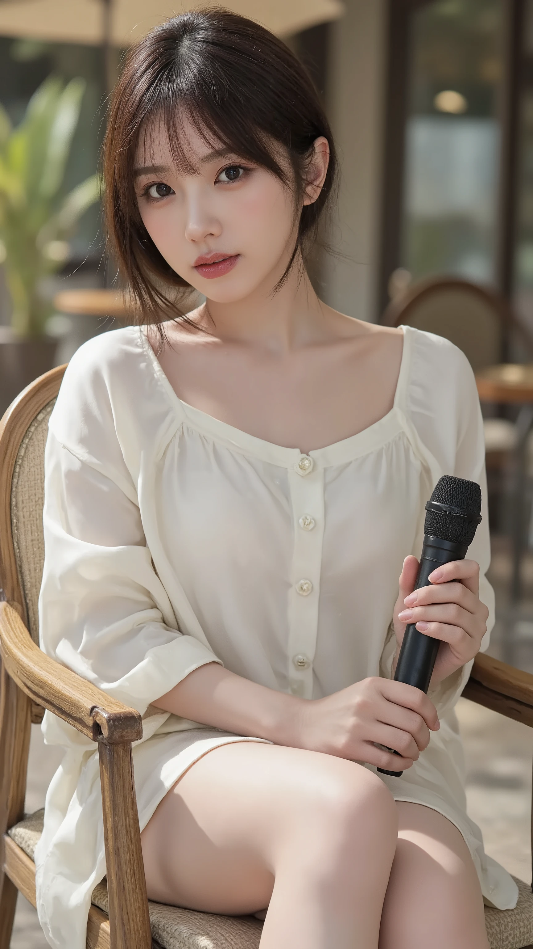 sexy,thigh-high,Sitting on a cafe chair in the warm sunshine,Teenage Korean female idol singers, short hair hairstyle, Thick textured loose-fit, Silk blouse with V-shaped buttons on the chest, Big breasts and a top that looks like it's bursting out, white skin with sparkling water drops, Sensual Body Line, Lovely Smile, Cinematic angle, luxury clothes, modern outfit, mini skirt, I'm holding a microphone in my hand