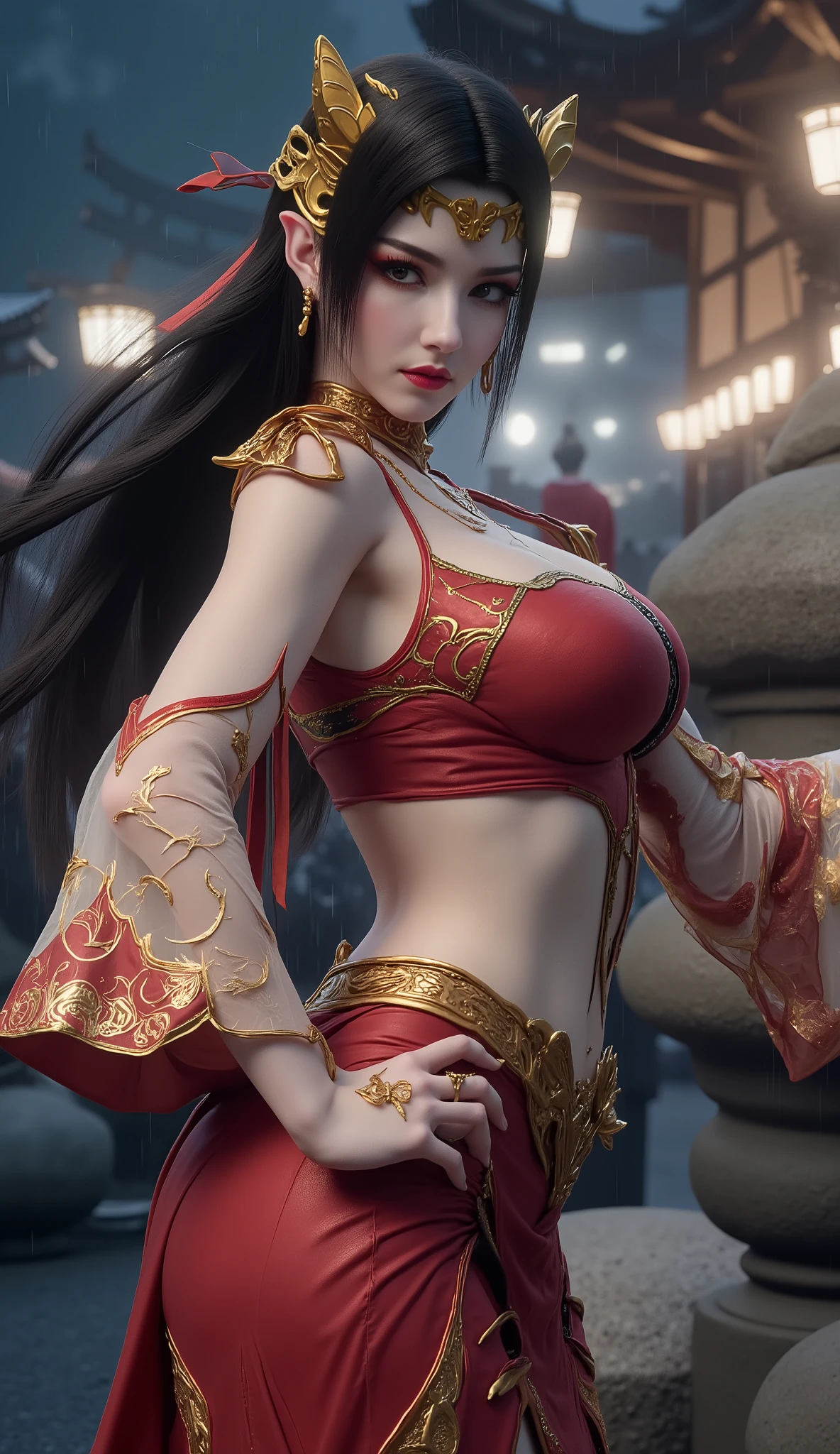 Low-angle ceremonial photography of kitsune woman at climax of yokai festival, wearing ritual dancer's costume with strategic openings that reveal glimpses of bare shoulder, curve of hip, and flash of thigh with each movement. Large breasts suggested beneath semi-transparent outer layer dampened by festival mist, fabric clinging to form without revealing explicitly. Three fox tails wrapped partially around sacred sakura tree while others sway hypnotically, causing her layered garments to shift and momentarily expose bare ankle and calf. Fox ears standing proud through elaborate festival headdress adorned with trailing ribbons that caress her neck and shoulders with each motion. Rain-blessed festival grounds creating mirror surface reflecting hundreds of yokai in attendance, all captivated by her dance that balances perfectly between ceremonial precision and sensual suggestion. Parted lips releasing visible breath in cold night air, kimono sleeves flowing like water to occasionally reveal the elegant line of wrist and forearm, her controlled revelation of select intimate areas creating tension more powerful than complete exposure.