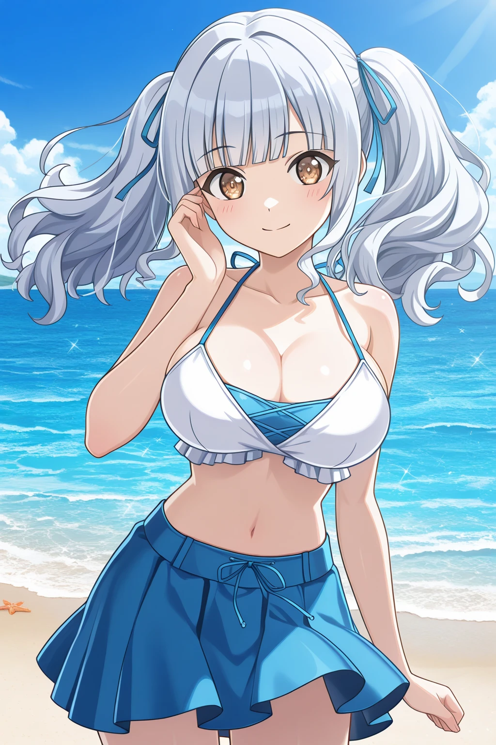 <lora:da2-000110:1>
(strong lighting:1.3),(dramatic angle:1.5),(dappled sunlight:1.5),, 
an extremely delicate and beautiful girl, 8k wallpaper, masterpiece,Cinematic Lighting, best quality,Illustration,beautiful CG), (detailed face depiction,dramatic angle,((1 girl)),,silver hair, red eyes,solo, standing, beautiful detailed body,beautiful detailed anatomy,earrings, swimsuit, {beautiful long legs},blush, cowboy shot, groin,navel,(beautiful detailed navel:0.9),stomach, thighs,long hair,sea,beach,Straw hat,light,sunlight,orange light,cute,Seagull,upper body, (girl focus), (beautiful detailed sea:1.3),(colorful:1.2),