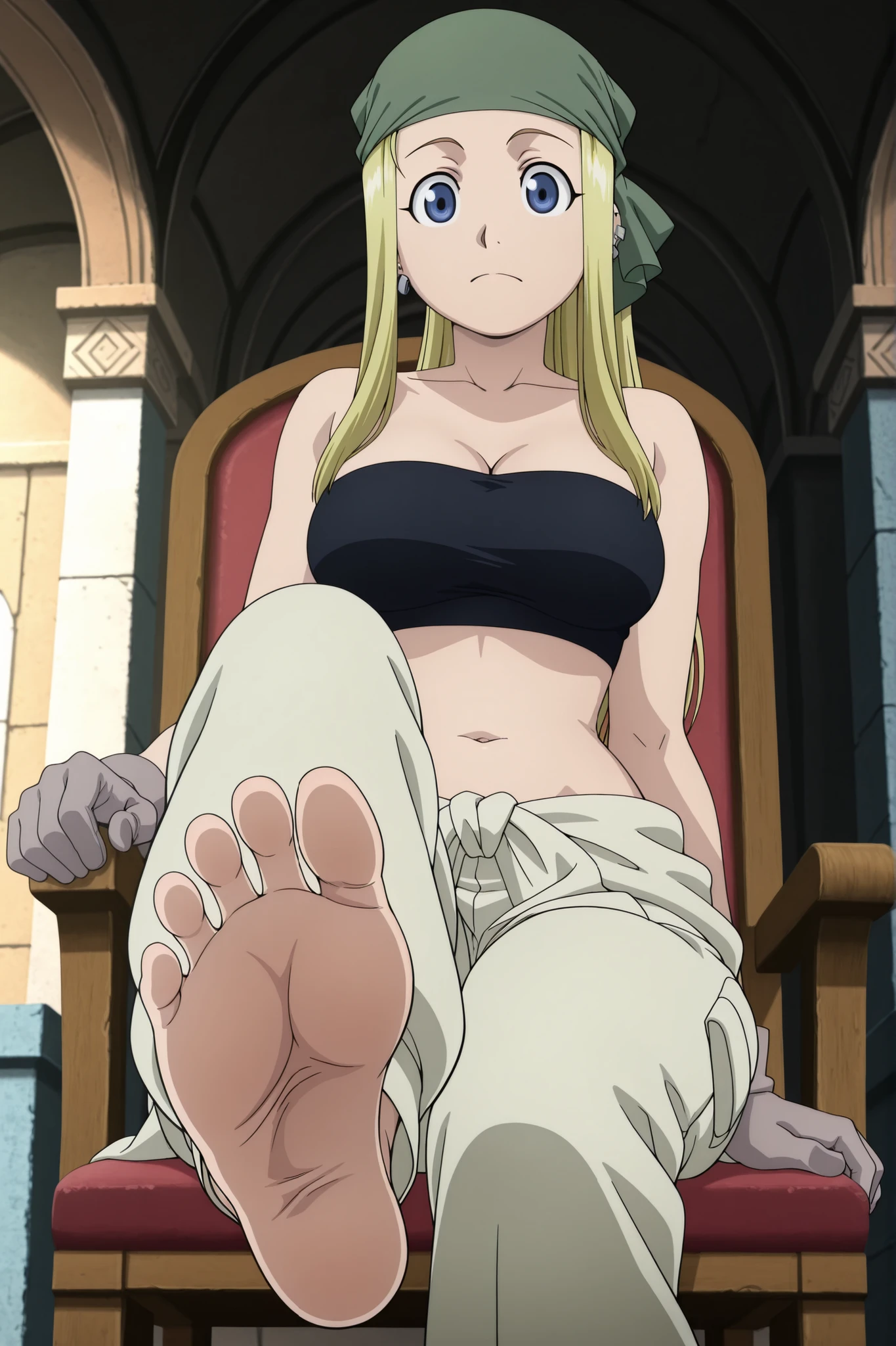 intricate details, anime screencap, best quality, absurd res, ultra detailed, good eyes, perfect eyes, detailed eyes, detailed face, detailed background, perfect lighting, score_9, score_8_up, score_7_up, masterpiece, amazing quality, anime coloring, anime screenshot, 1 girl, solo, fullbody, winry rockbell, blue eyes, blonde hair, mature female, breasts, gloves, navel, cleavage, bare shoulders, collarbone, earrings, midriff, pants, stomach, bare arms, strapless, bandana, bandeau, tube top, grey gloves,, mosque, dome
, sitting, chair, foot focus, barefoot, soles, toes, foot wrinkles, each foot has exactly five toes, showing her soles to the viewer,