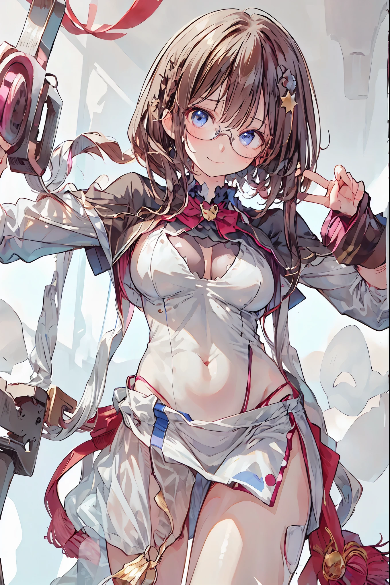 (((gold rimmed glasses))),(((Peace sign on face))),(((Bust Shot))),((face up)),((upper body)),((from below:1.2)),Dazzling gaze,Dignified Behavior,cowboy shot,big boobs,Long hair,Student Council President,School student council room,Student Charisma,Sharp Expressions,I am the most,Vice President for Male Students,Accounting and General Affairs Student,Declared War on Unreasonable Teachers,8K,Ultimate Details,Realistic,HDR,natural lighting,Professional,Brilliant Colors彩,Bokeh,brown hair,shortcuts,unkempt hair,Short braided hair,Neat,slender beauty,correct posture,small breasted,beautiful legs,Fascinating Gray-Blue Eyes Shine Like Stars,Saggy Eyes,Brilliant Colors,beautiful eyes,A delicate smile,Textured Skin,Highest Quality,gentle and beautiful woman,anime style、