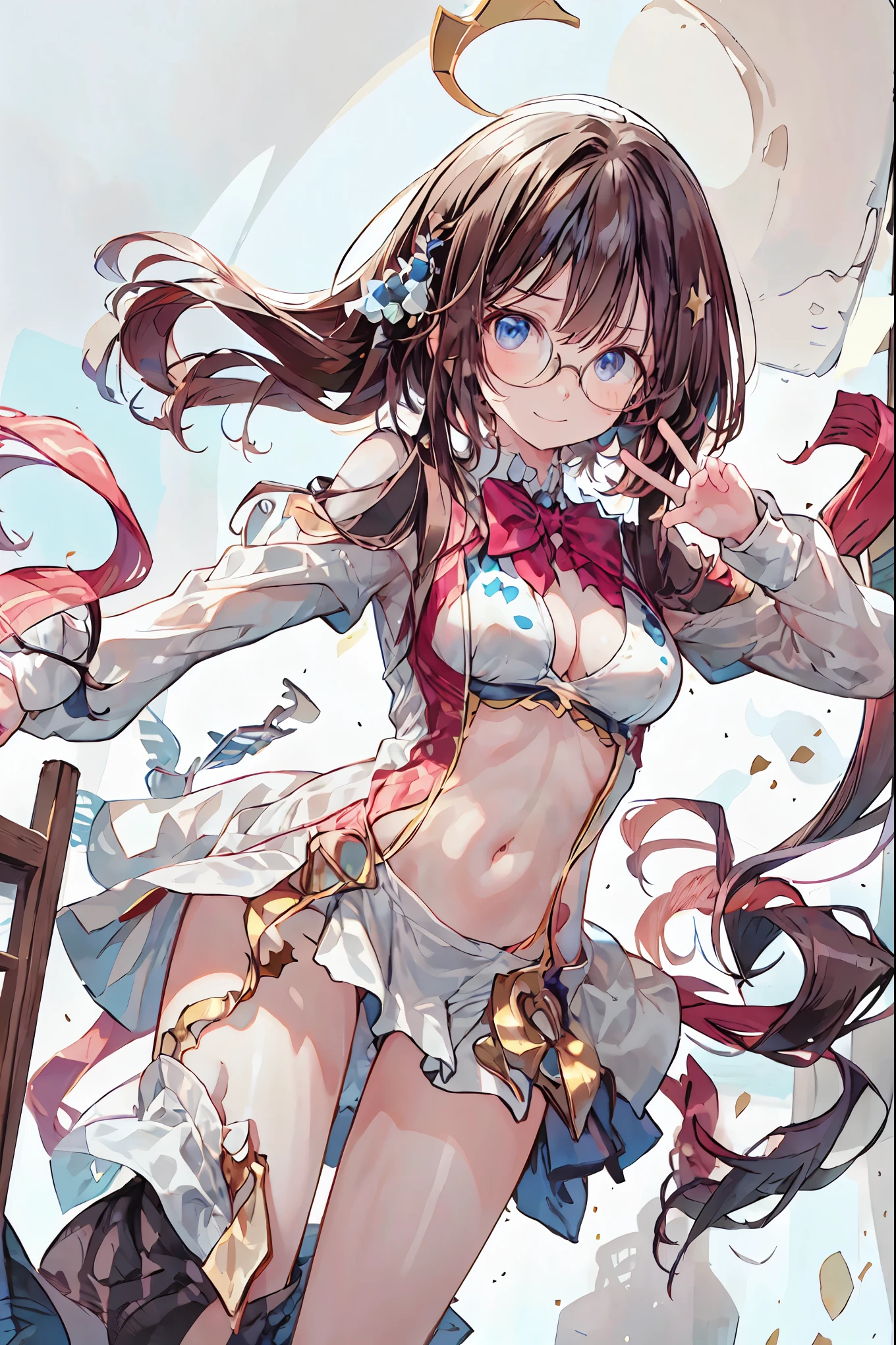 (((gold rimmed glasses))),(((Peace sign on face))),(((Bust Shot))),((face up)),((upper body)),((from below:1.2)),Dazzling gaze,Dignified Behavior,cowboy shot,big boobs,Long hair,Student Council President,School student council room,Student Charisma,Sharp Expressions,I am the most,Vice President for Male Students,Accounting and General Affairs Student,Declared War on Unreasonable Teachers,8K,Ultimate Details,Realistic,HDR,natural lighting,Professional,Brilliant Colors彩,Bokeh,brown hair,shortcuts,unkempt hair,Short braided hair,Neat,slender beauty,correct posture,small breasted,beautiful legs,Fascinating Gray-Blue Eyes Shine Like Stars,Saggy Eyes,Brilliant Colors,beautiful eyes,A delicate smile,Textured Skin,Highest Quality,gentle and beautiful woman,anime style、