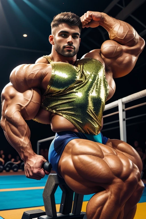 There is only one handsome Asian actor in the picture，30 years old，Tall and handsome, Toned body，short hair, O-Shaped Beard，Perfect body, Dark skin，Glowing skin，Smooth skin，The body is hairless，Muscle bulge, Muscular, Very large pectoral muscles，Very ???? abdominal muscles，Very well-developed leg muscles，Huge concave and convex area，Brightens oily skin，Wearing a gold leather shiny ?????，Handsome face， Correct and accurate male body proportions, Stand among the flowers。